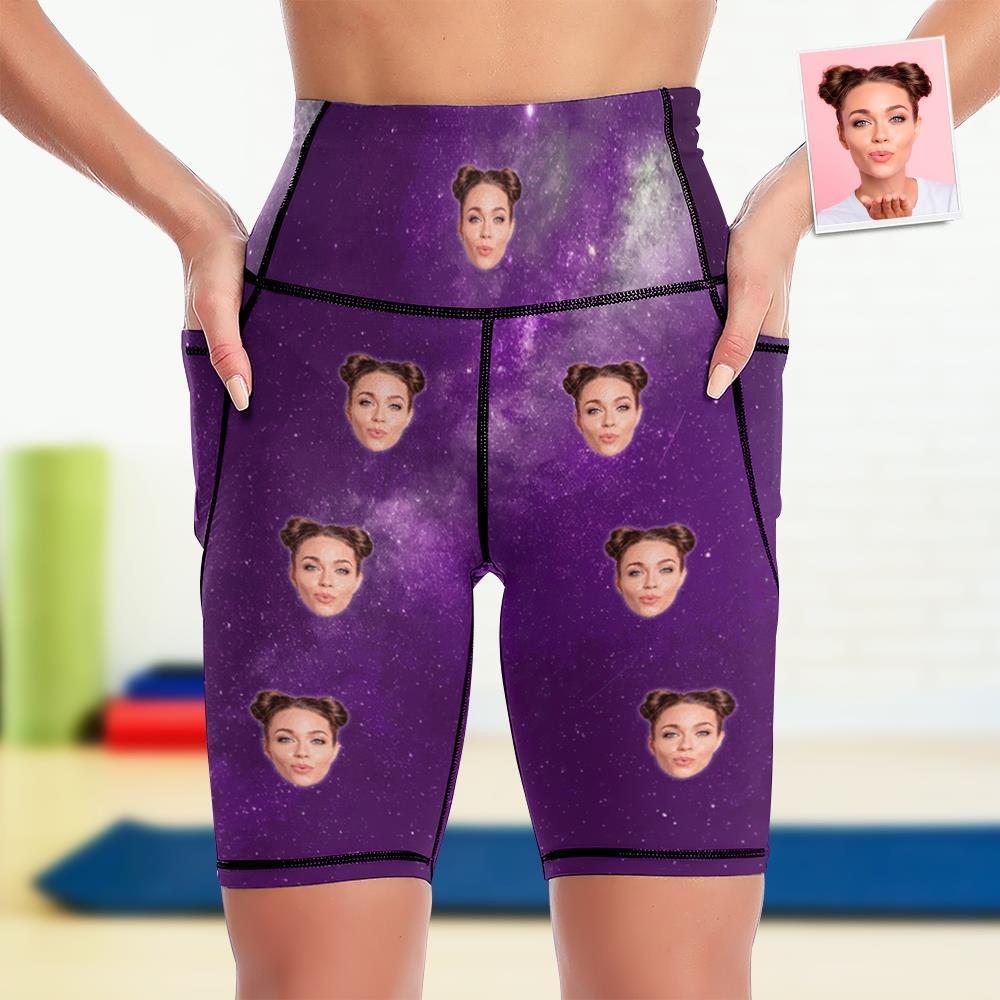 Custom Face Knee Length Tights Women's Yoga Shorts Running Leggings with Pockets - Galaxy - MyFaceSocksAu