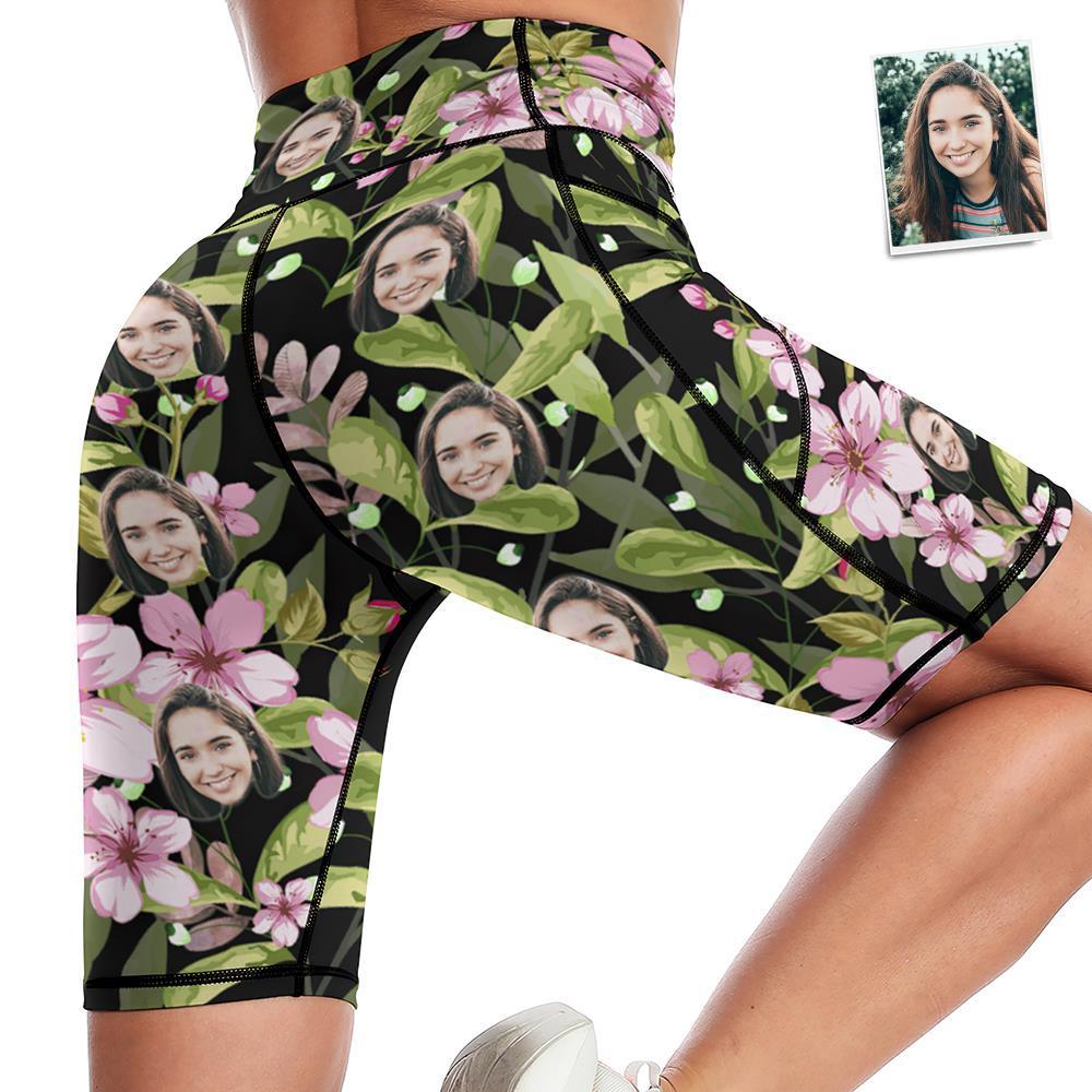 Custom Face Knee Length Tights Women's Yoga Shorts Running Leggings with Pockets - Flowers - MyFaceSocksAu