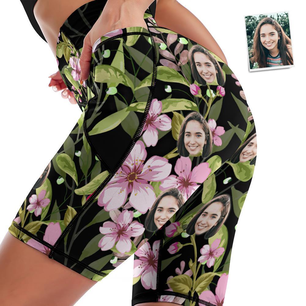 Custom Face Knee Length Tights Women's Yoga Shorts Running Leggings with Pockets - Flowers - MyFaceSocksAu
