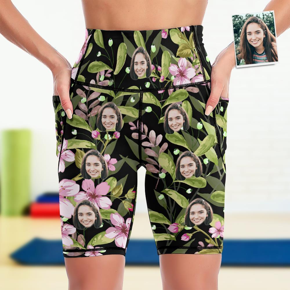 Custom Face Knee Length Tights Women's Yoga Shorts Running Leggings with Pockets - Flowers - MyFaceSocksAu