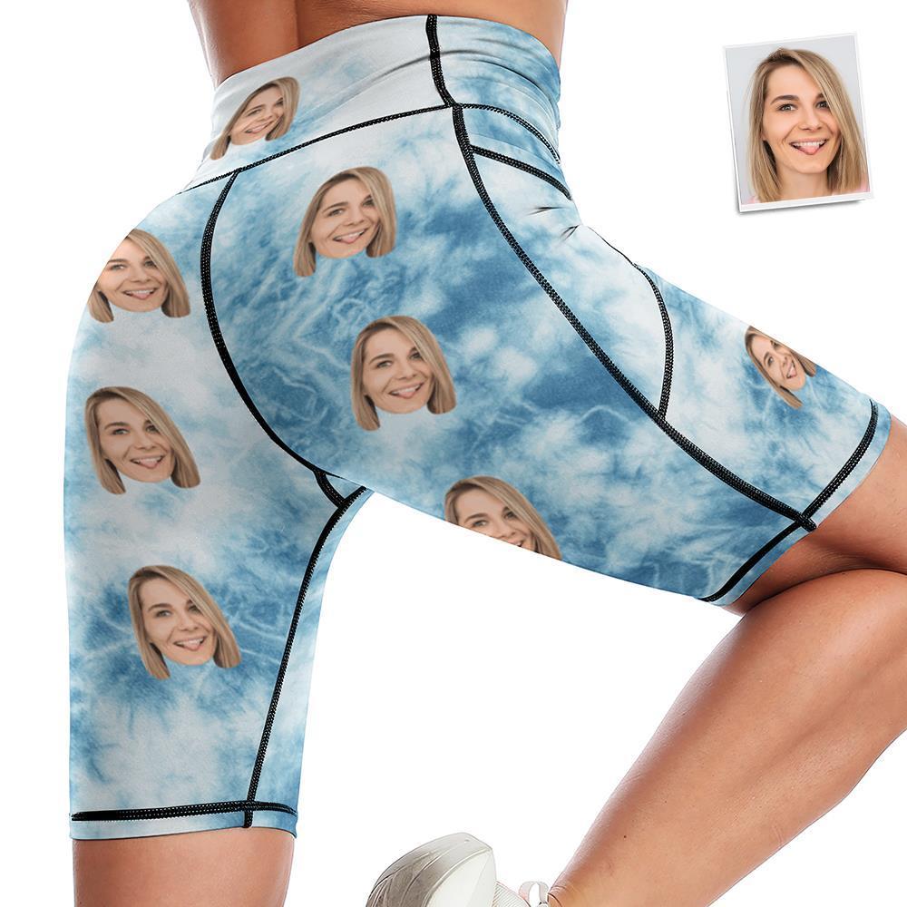 Custom Face Knee Length Tights Women's Yoga Shorts Running Leggings with Pockets - Blue Tie Dye - MyFaceSocksAu