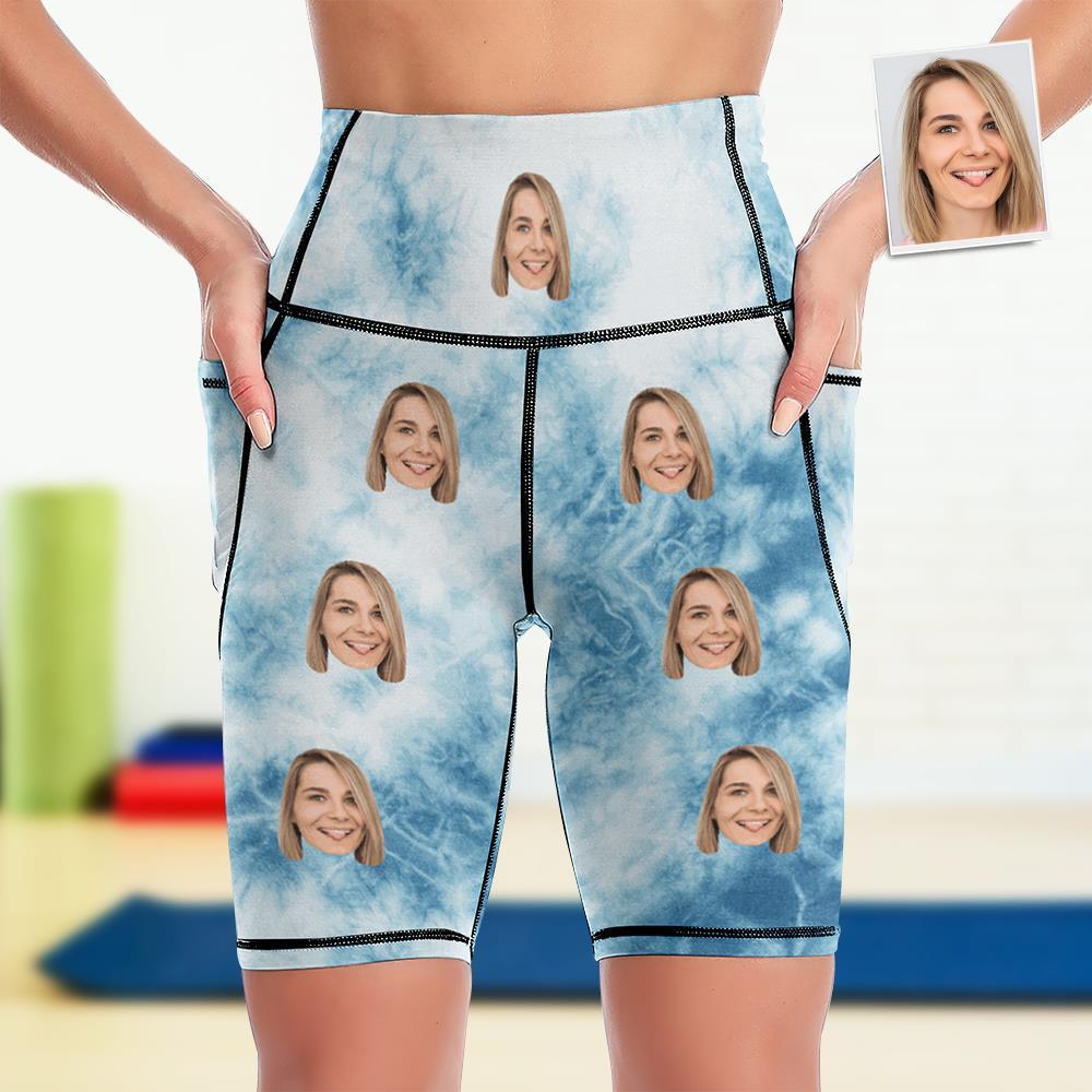 Custom Face Knee Length Tights Women's Yoga Shorts Running Leggings with Pockets - Blue Tie Dye - MyFaceSocksAu