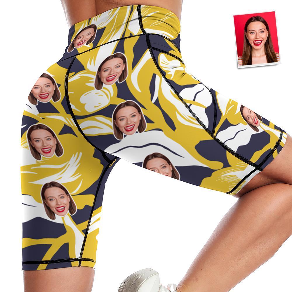 Custom Face Knee Length Tights Women's Yoga Shorts Running Leggings with Pockets - Yellow Flowers - MyFaceSocksAu
