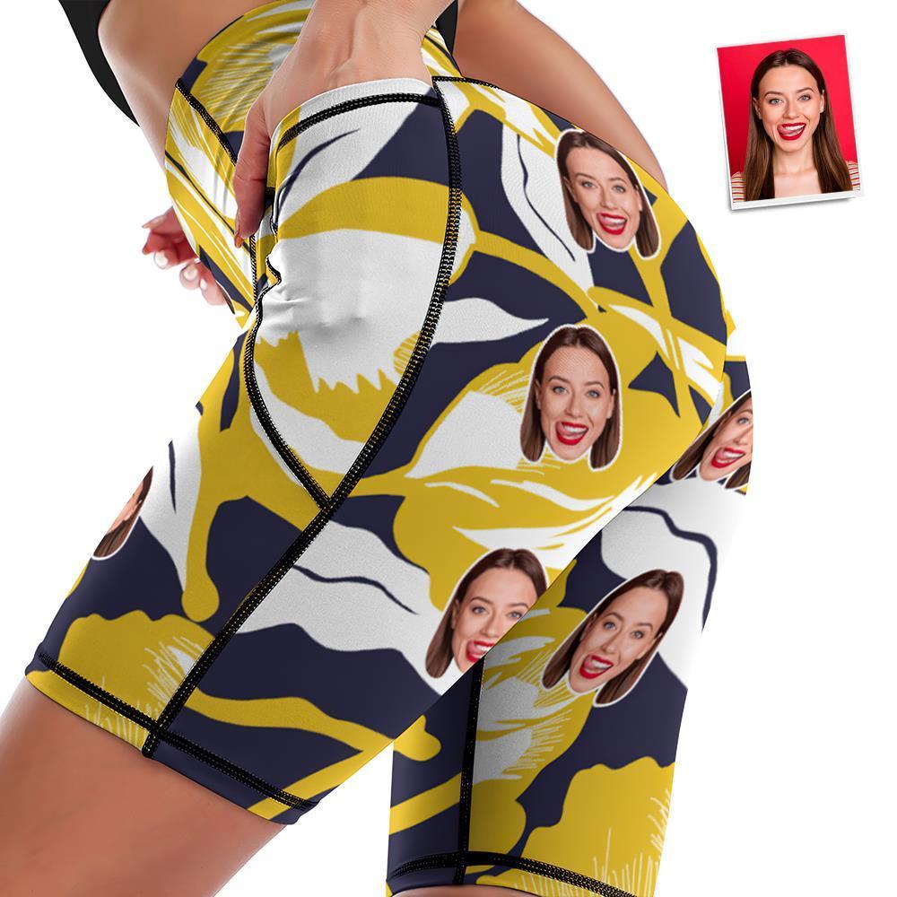 Custom Face Knee Length Tights Women's Yoga Shorts Running Leggings with Pockets - Yellow Flowers - MyFaceSocksAu