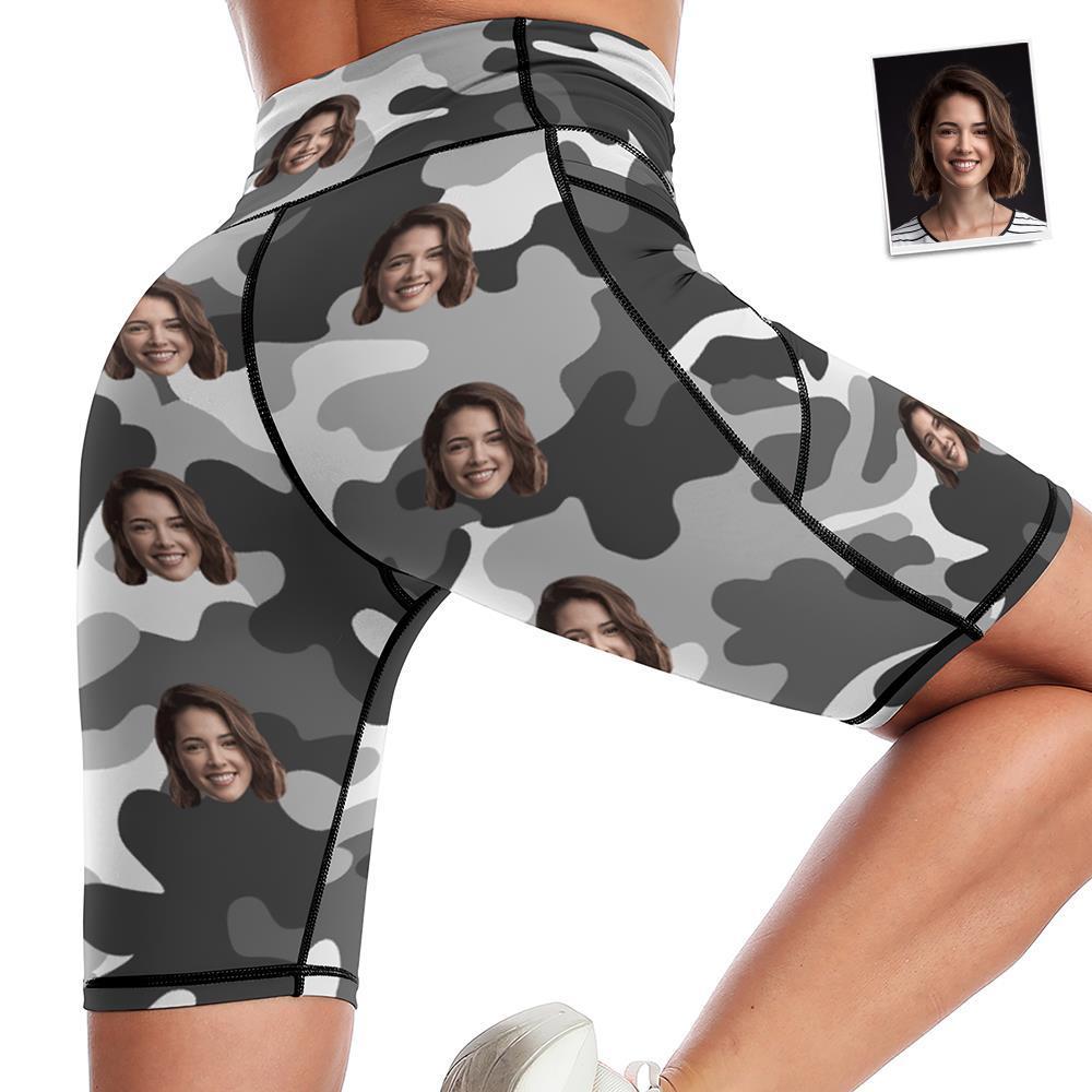 Custom Face Knee Length Tights Women's Yoga Shorts Running Leggings with Pockets - Grey Camouflage - MyFaceSocksAu