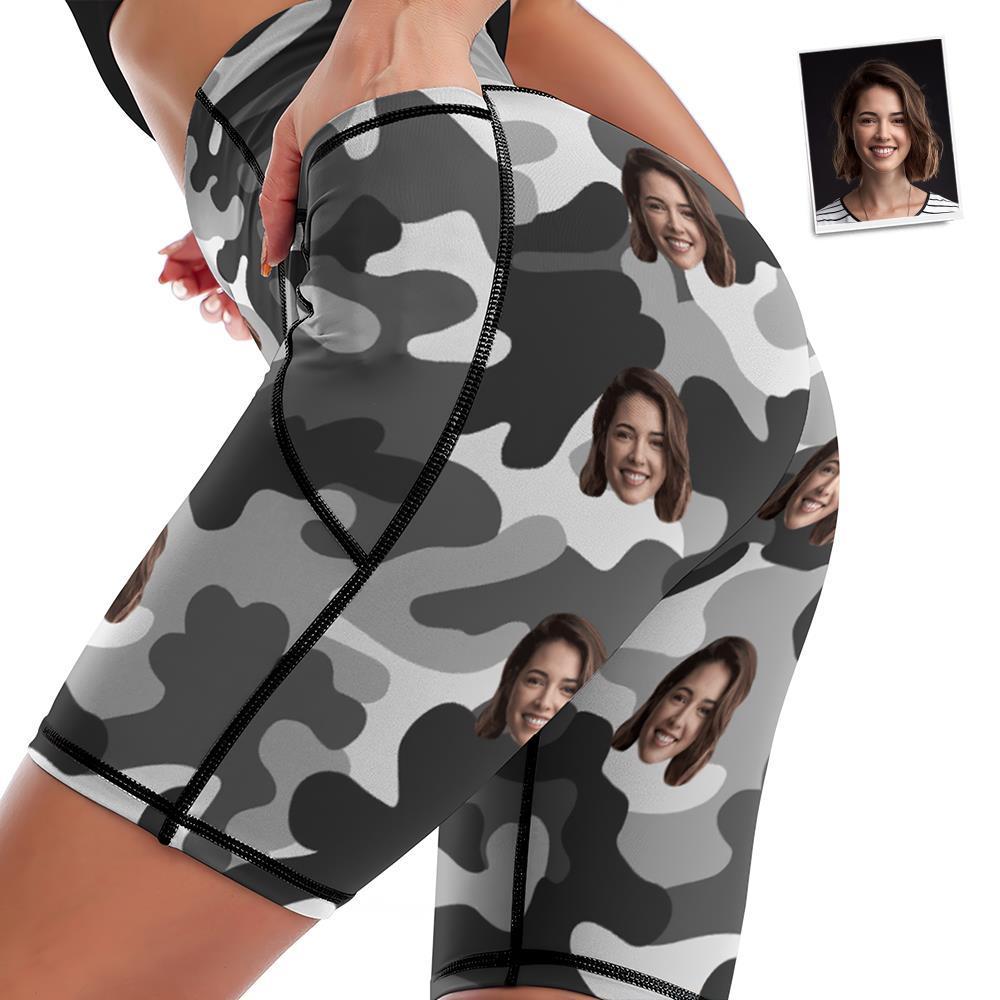 Custom Face Knee Length Tights Women's Yoga Shorts Running Leggings with Pockets - Grey Camouflage - MyFaceSocksAu