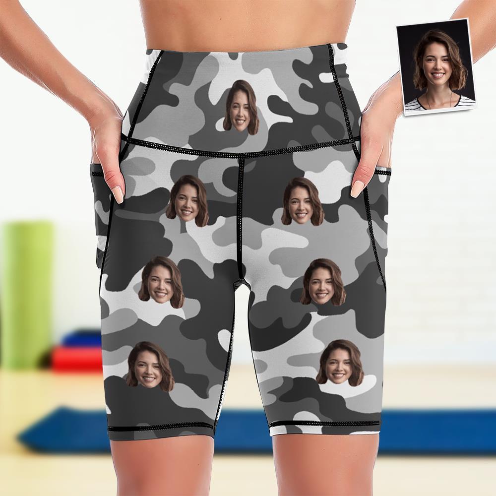 Custom Face Knee Length Tights Women's Yoga Shorts Running Leggings with Pockets - Grey Camouflage - MyFaceSocksAu