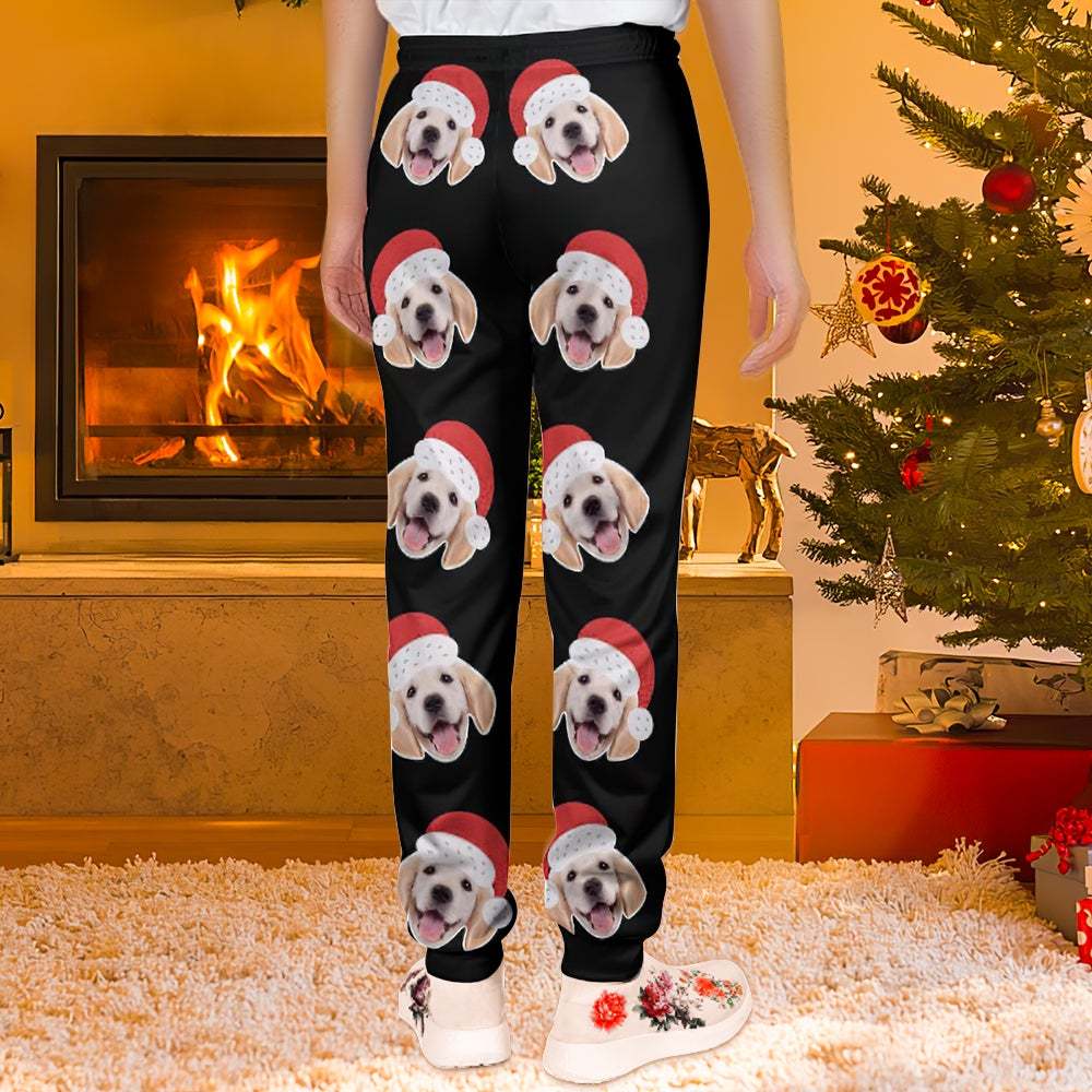 Custom Face Sweatpants Unisex Joggers with Christmas Hat Christmas Gift