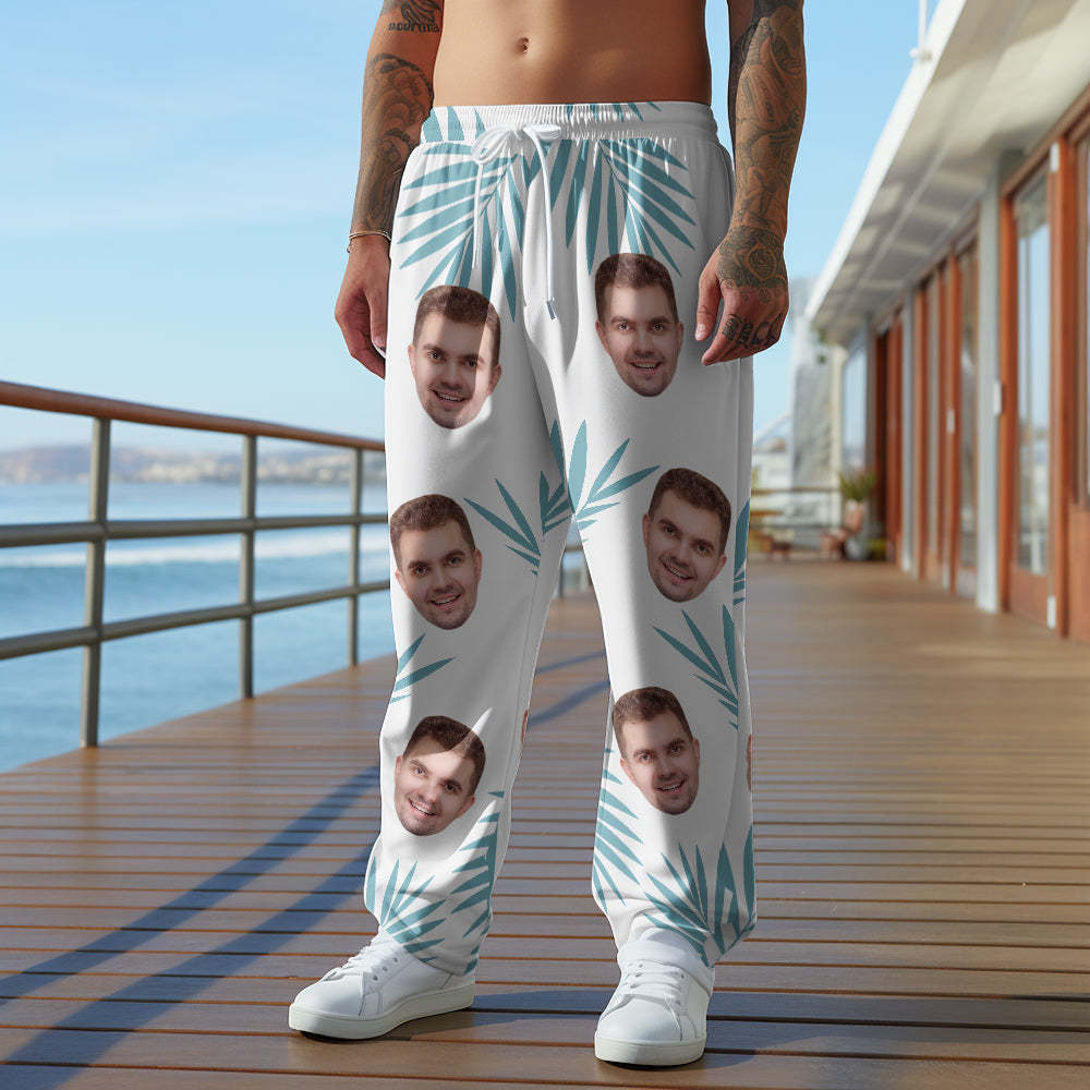 Custom Face Sweatpants Palm Leaf Print Multicolor Personalized Casual Golf Pants for Him - MyFaceSocksAu