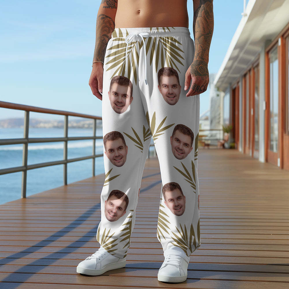 Custom Face Sweatpants Palm Leaf Print Multicolor Personalized Casual Golf Pants for Him - MyFaceSocksAu