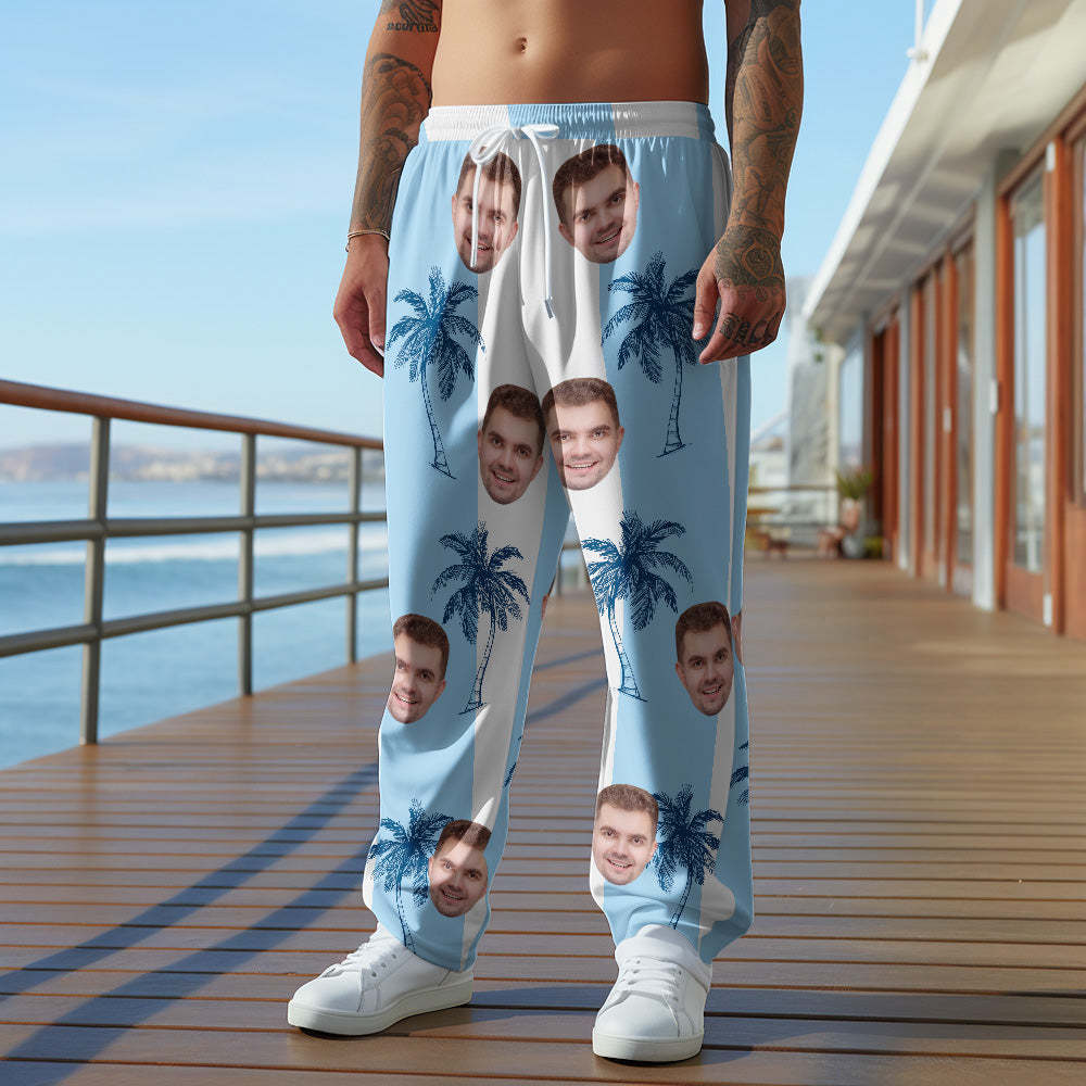 Custom Face Sweatpants Hawaiian Blue Patchwork Coconut Tree Print - MyFaceSocksAu