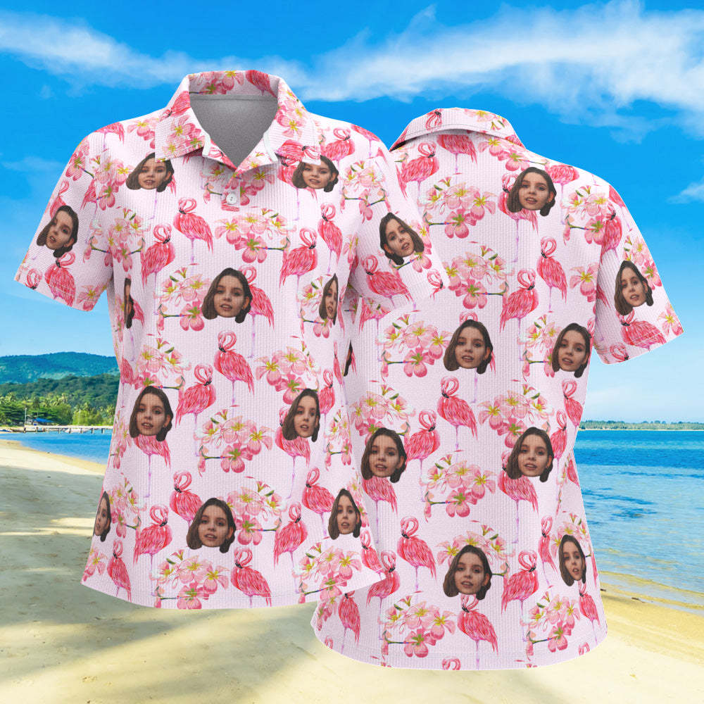 Custom Face Women Polo Shirts Personalised Pink Flamingo Leaves - MyFaceSocksAu