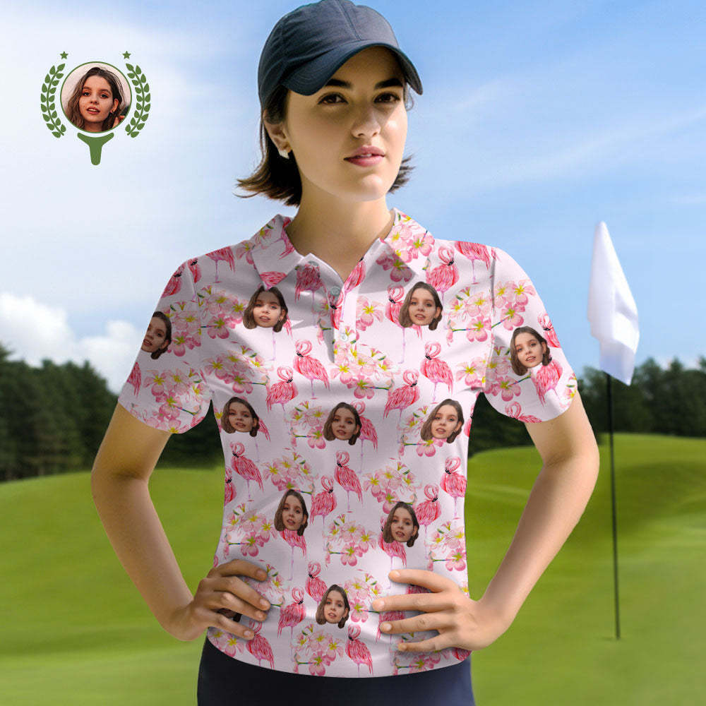 Custom Face Women Polo Shirts Personalised Pink Flamingo Leaves - MyFaceSocksAu