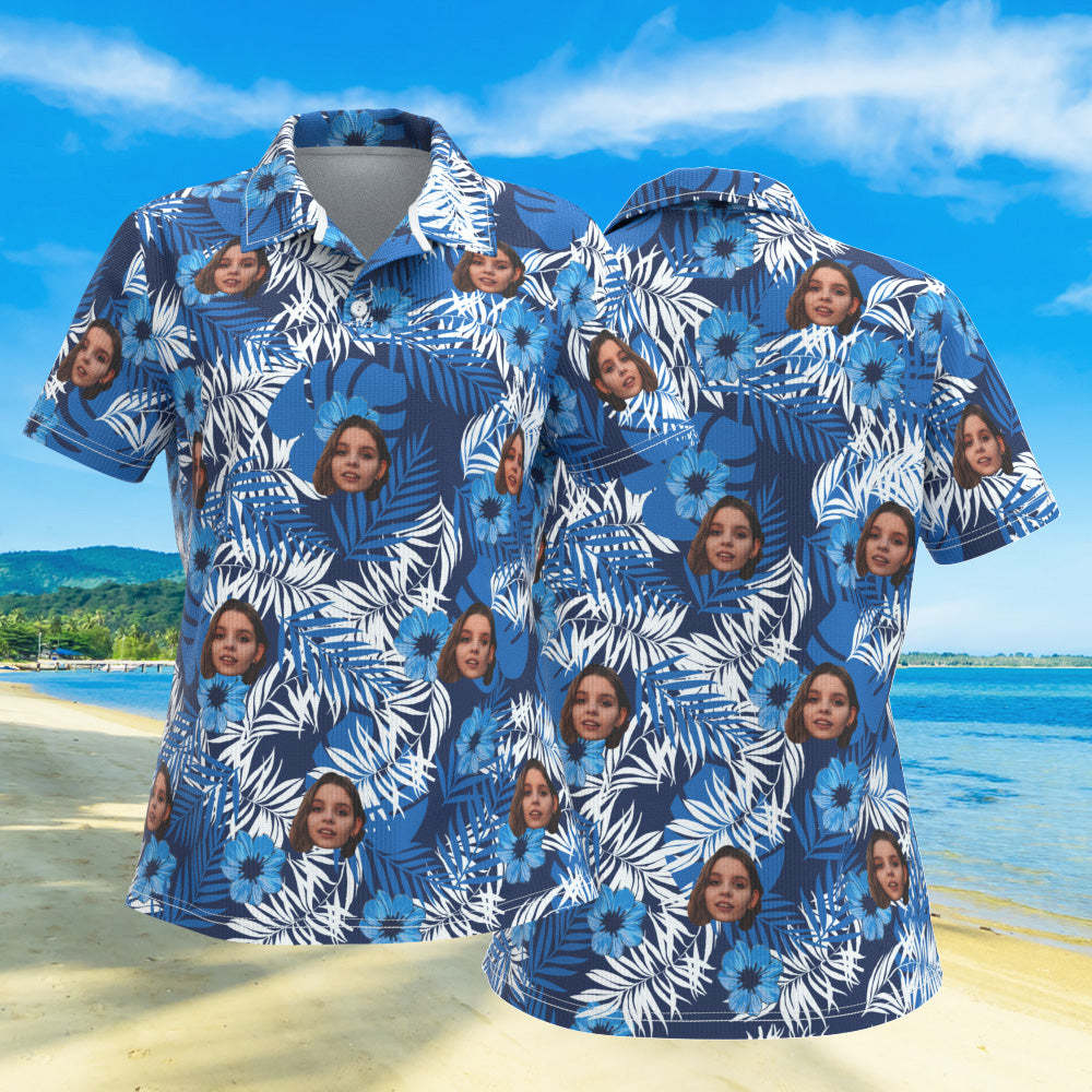 Custom Face Women Polo Shirts Personalised Photo Shirt Blue Flowers - MyFaceSocksAu