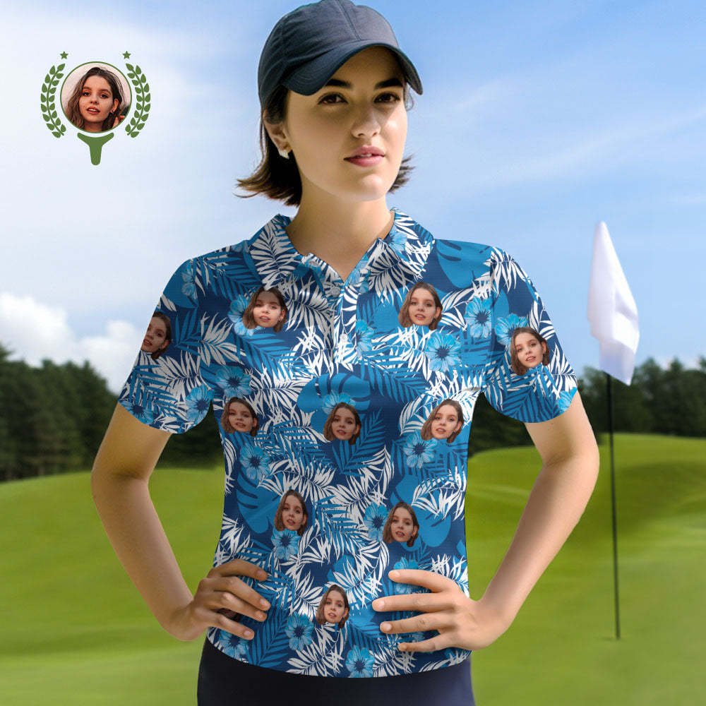 Custom Face Women Polo Shirts Personalised Photo Shirt Blue Flowers - MyFaceSocksAu
