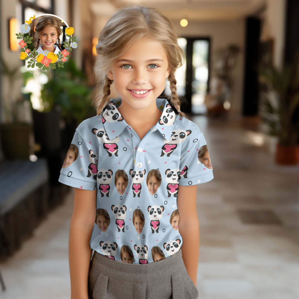 Custom Face Kids Polo Shirts Personalised Photo Shirt Cute Panda - MyFaceSocksAu
