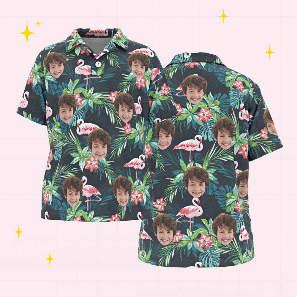 Custom Face Kids Polo Shirts Personalised Photo Hawaiian Style Shirt Flamingo Flower - MyFaceSocksAu