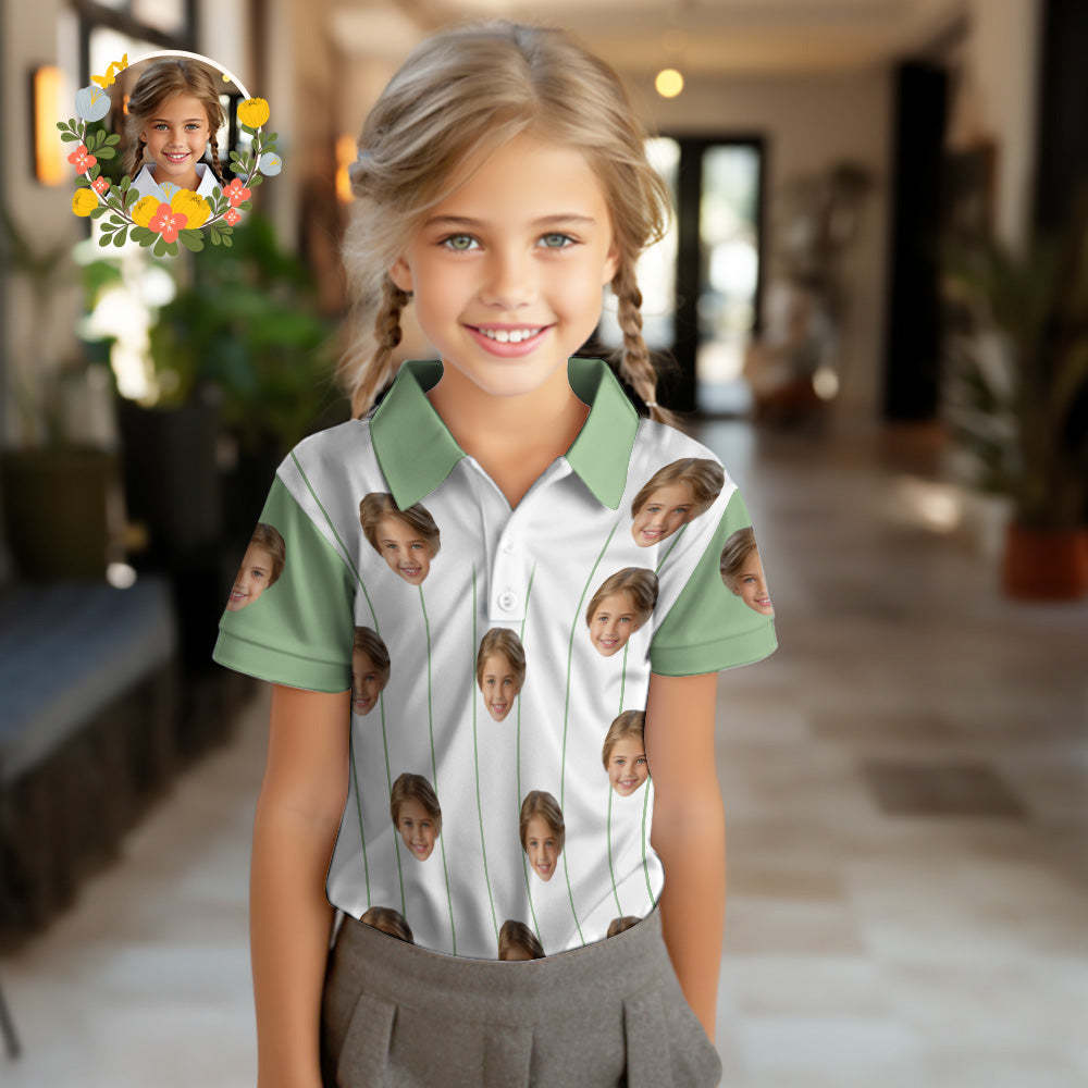 Custom Face Kids Polo Shirts Personalised Photo Shirt Green Stripes - MyFaceSocksAu