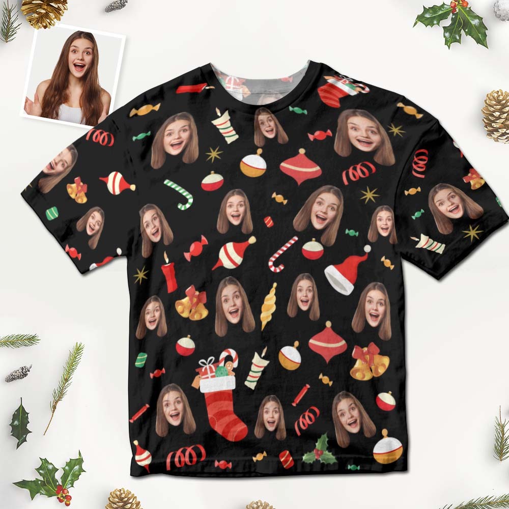 Custom Face T-shirt Christmas Gifts Cute Christmas Candy Christmas T-shirt - MyFaceSocksAu