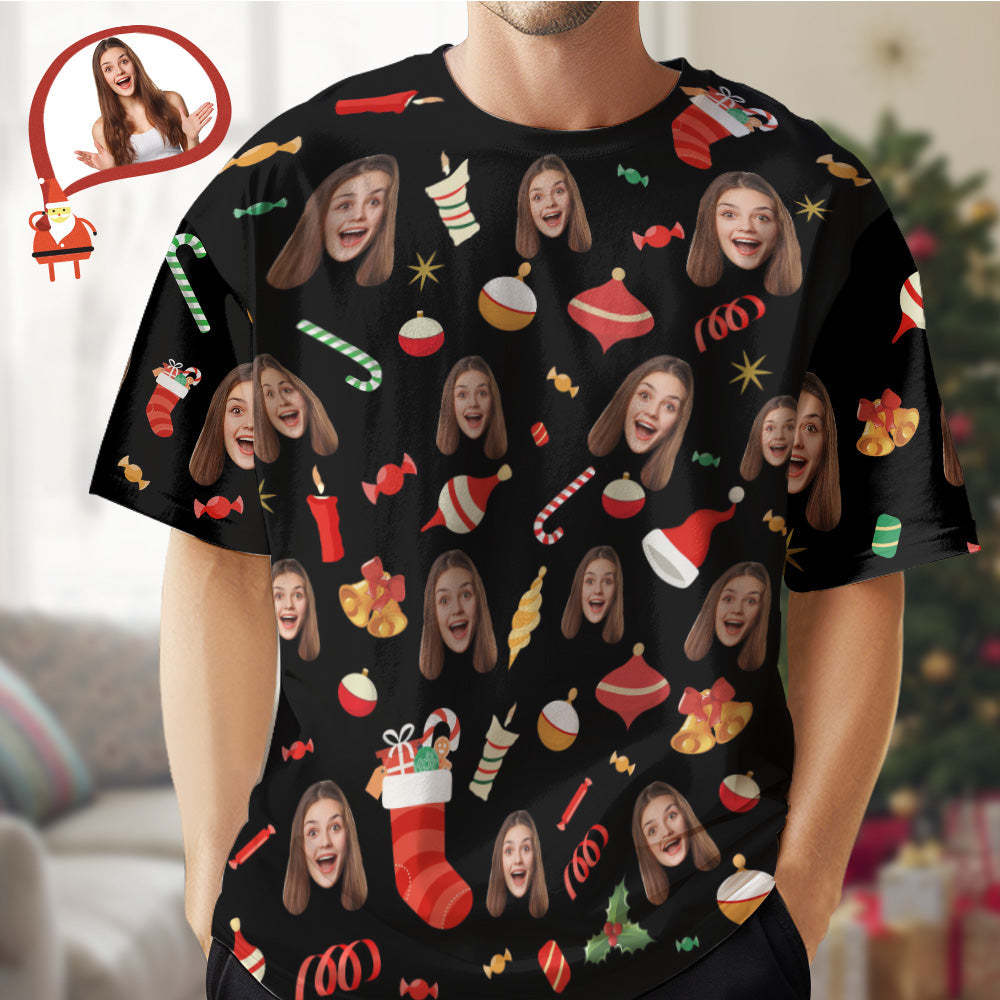 Custom Face T-shirt Christmas Gifts Cute Christmas Candy Christmas T-shirt - MyFaceSocksAu