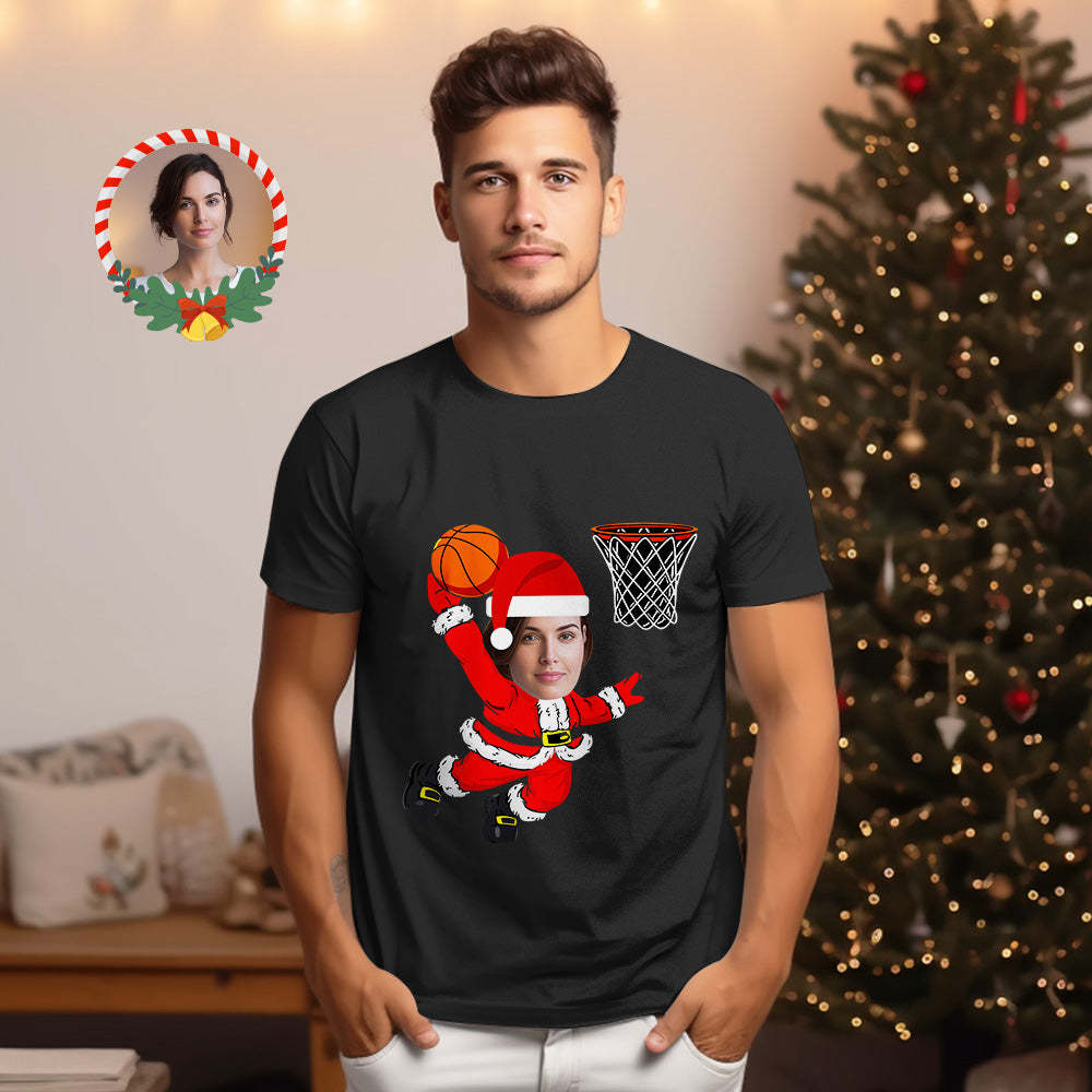 Custom Christmas Face T-shirt  Christmas Santa Claus Dunking A Basketball Funny  T-Shirt - MyFaceSocksAu