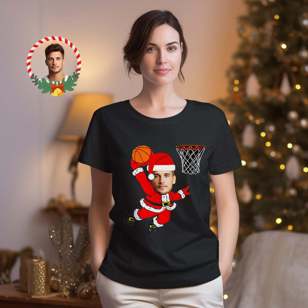 Custom Christmas Face T-shirt  Christmas Santa Claus Dunking A Basketball Funny  T-Shirt - MyFaceSocksAu