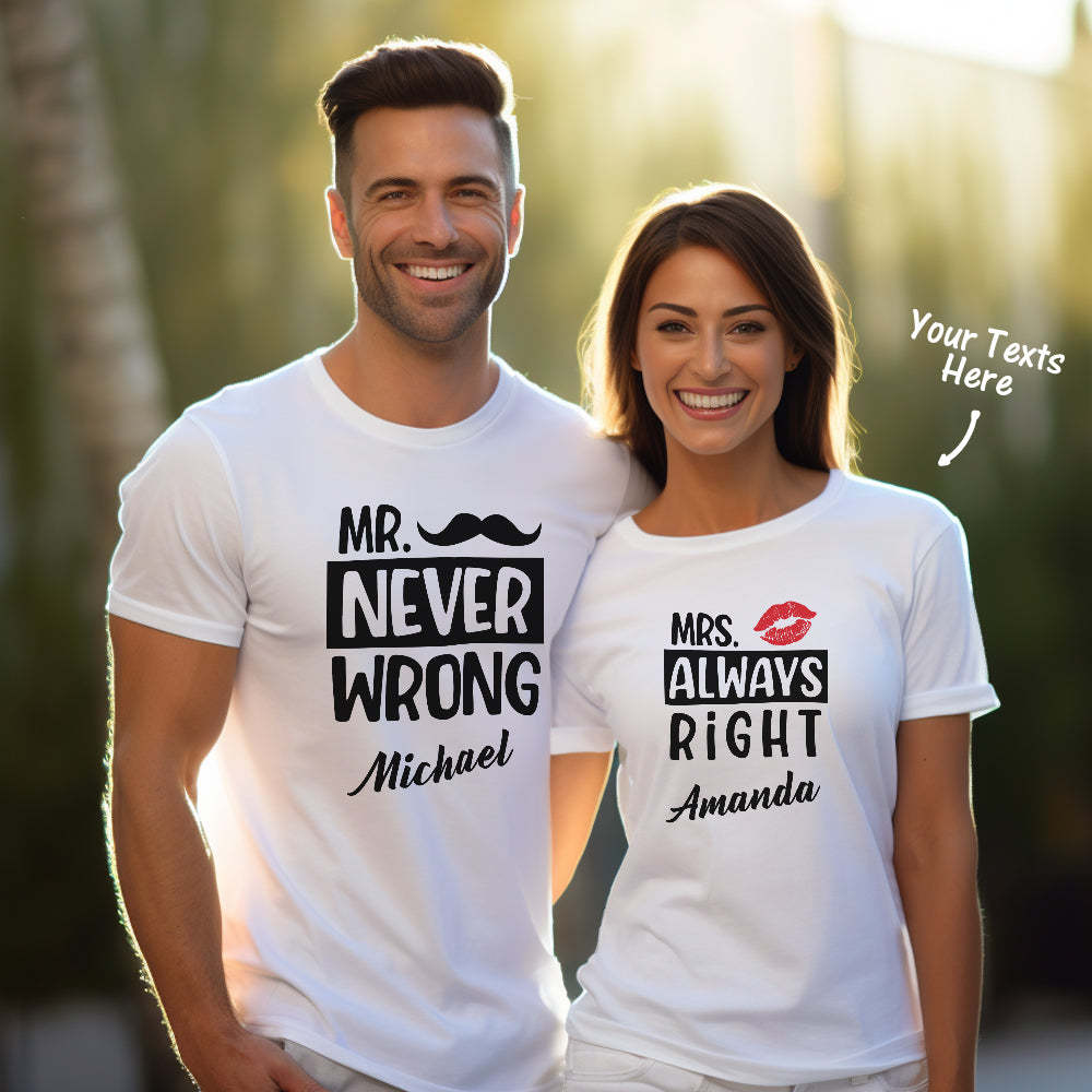 Custom Couple Matching T-shirts Mr Never Wrong and Mrs Always Right Valentine's Day Gift - MyFaceSocksAu