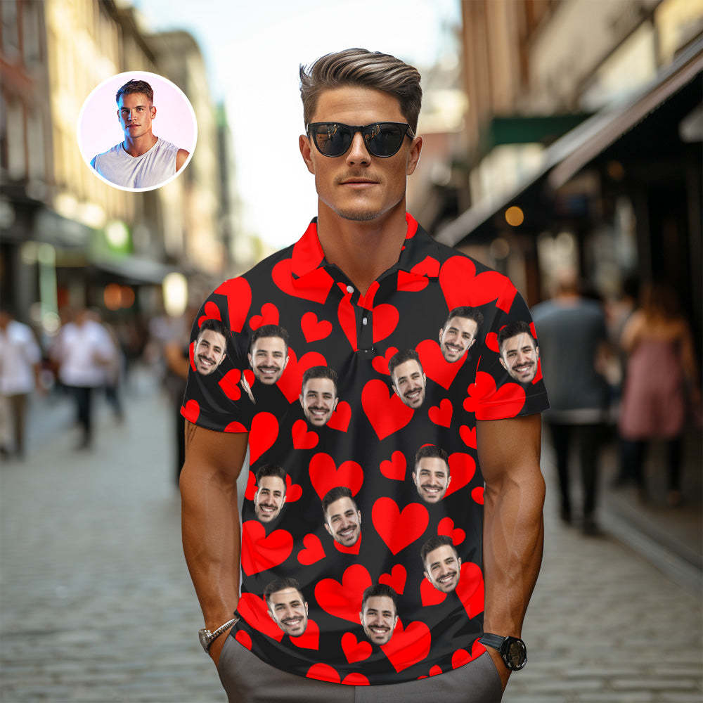Men's Custom Photo Vintage Polo Shirt Personalized Red Hearts Valentine's Day Gifts for Couple - MyFaceSocksAu