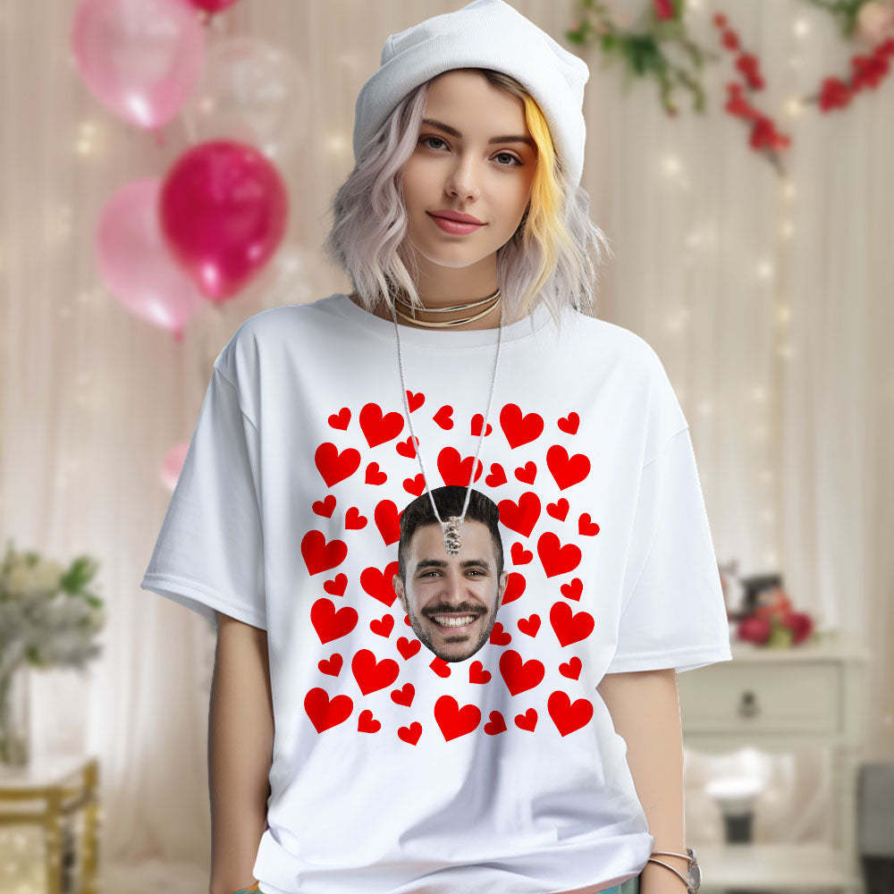 Custom Photo Vintage Tee Personalized Couple T-shirt Red Hearts Valentine's Day Gifts for Men - MyFaceSocksAu