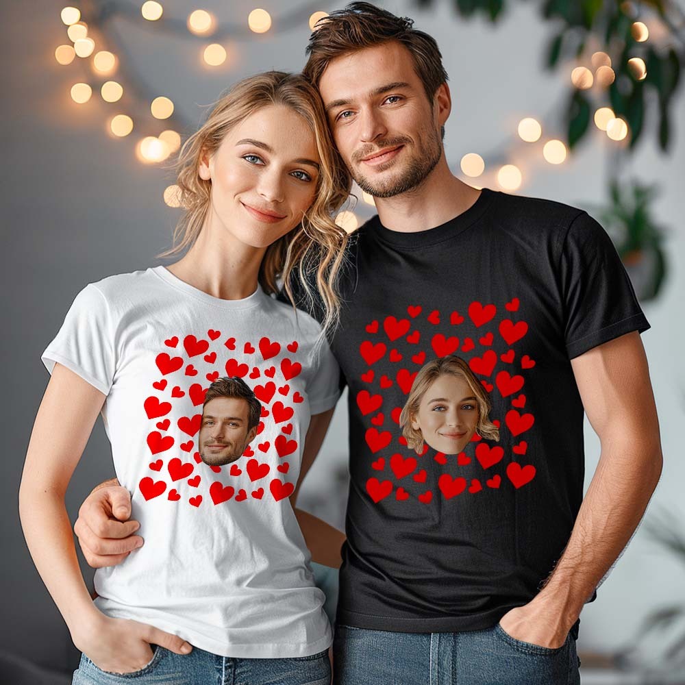 Custom Photo Vintage Tee Personalized Couple T-shirt  Red Hearts Valentine's Day Gifts for Her - MyFaceSocksAu