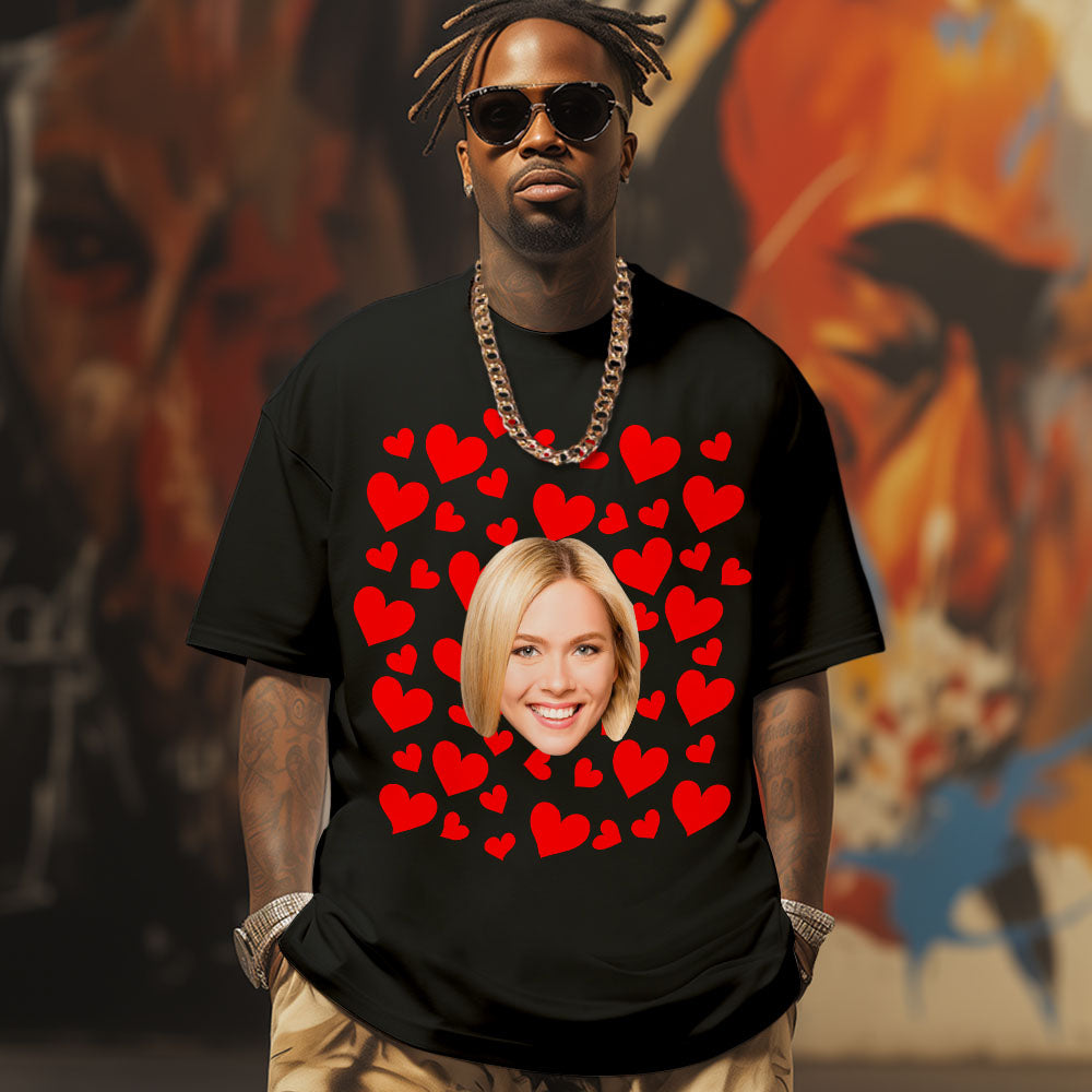 Custom Photo Vintage Tee Personalized Couple T-shirt  Red Hearts Valentine's Day Gifts for Men