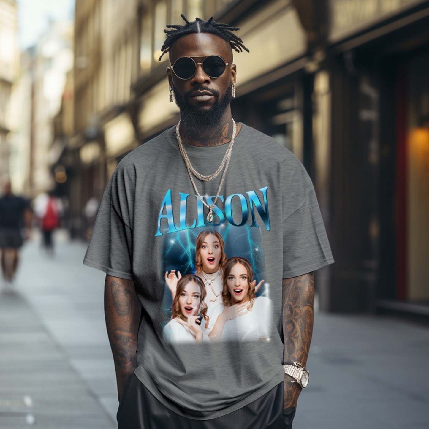 Custom Lightning Retro Photo And Name T-Shirt Special Gift For Couple - MyFaceSocksAu