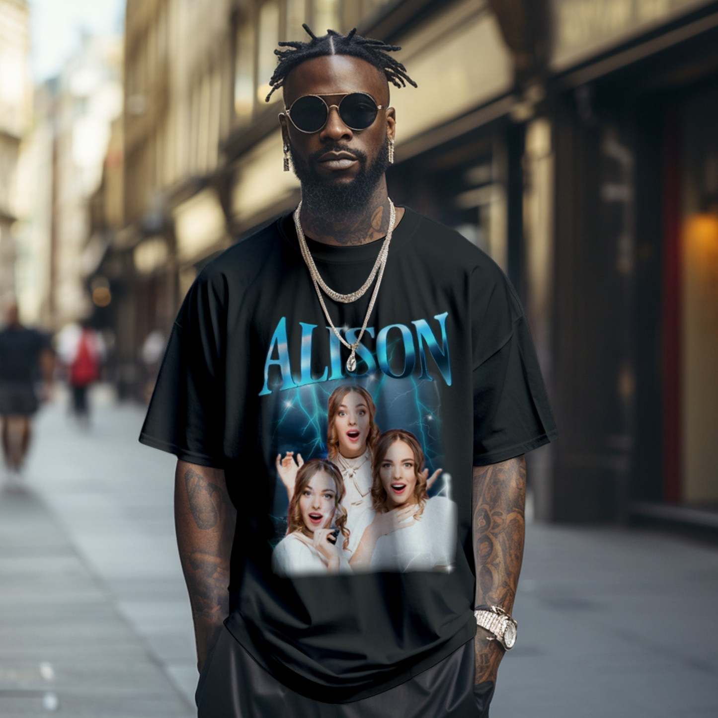 Custom Lightning Retro Photo And Name T-Shirt Special Gift For Couple - MyFaceSocksAu