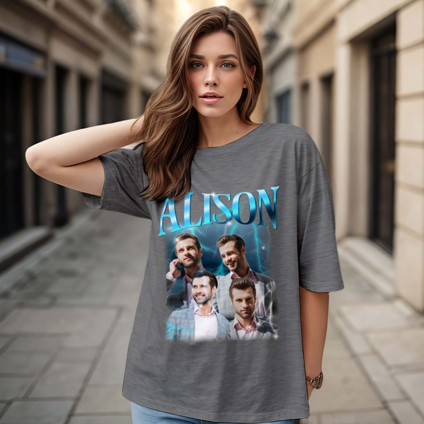 Custom Lightning Retro Photo And Name T-Shirt Special Gift For Couple - MyFaceSocksAu