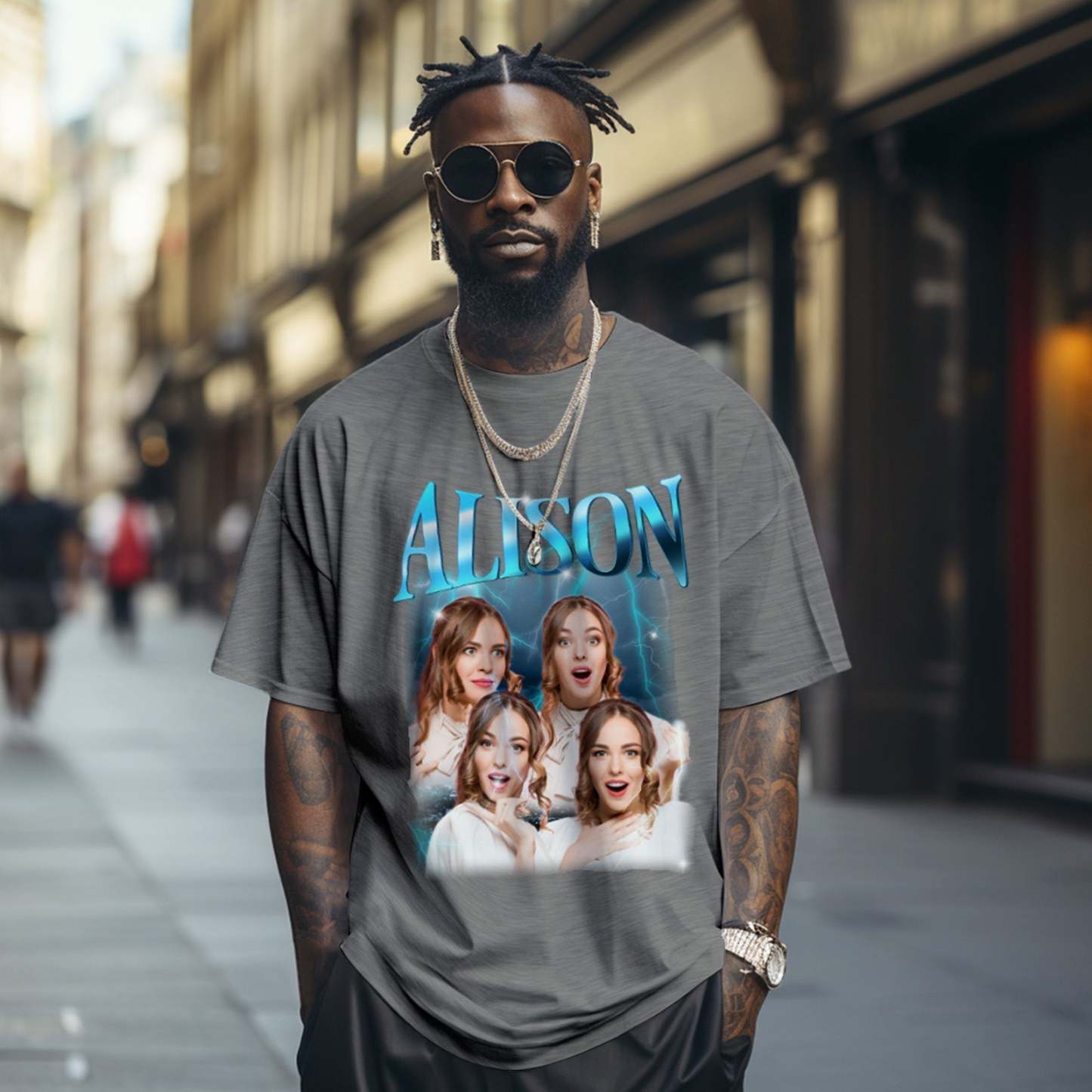 Custom Lightning Retro Photo And Name T-Shirt Special Gift For Couple - MyFaceSocksAu