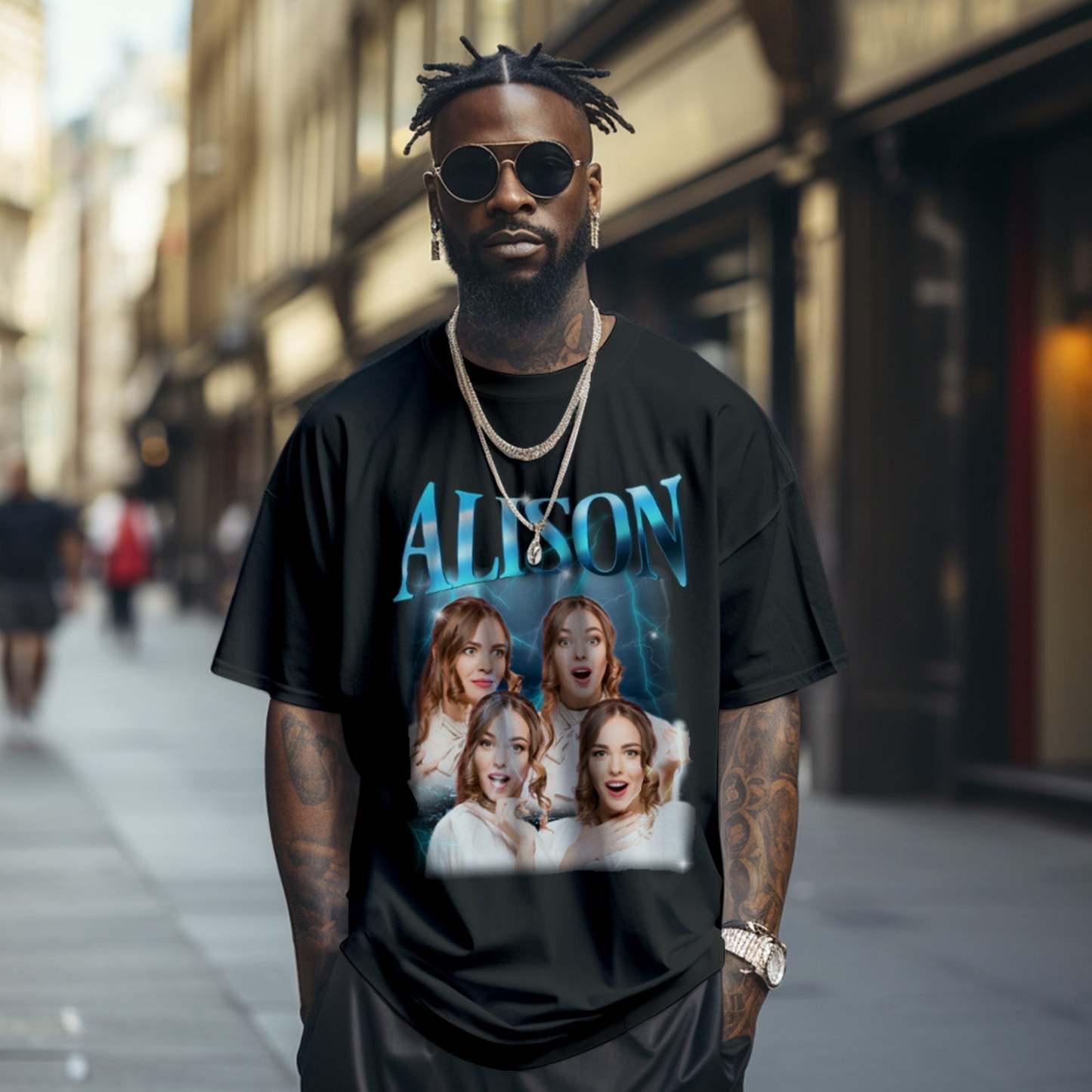 Custom Lightning Retro Photo And Name T-Shirt Special Gift For Couple - MyFaceSocksAu