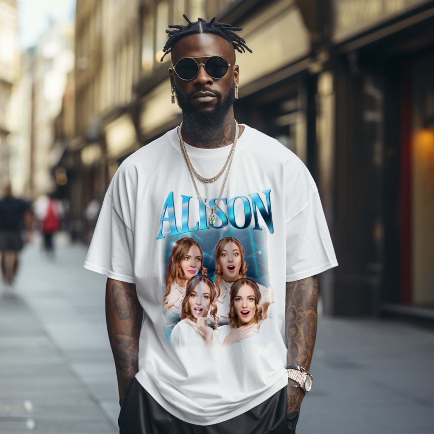 Custom Lightning Retro Photo And Name T-Shirt Special Gift For Couple - MyFaceSocksAu