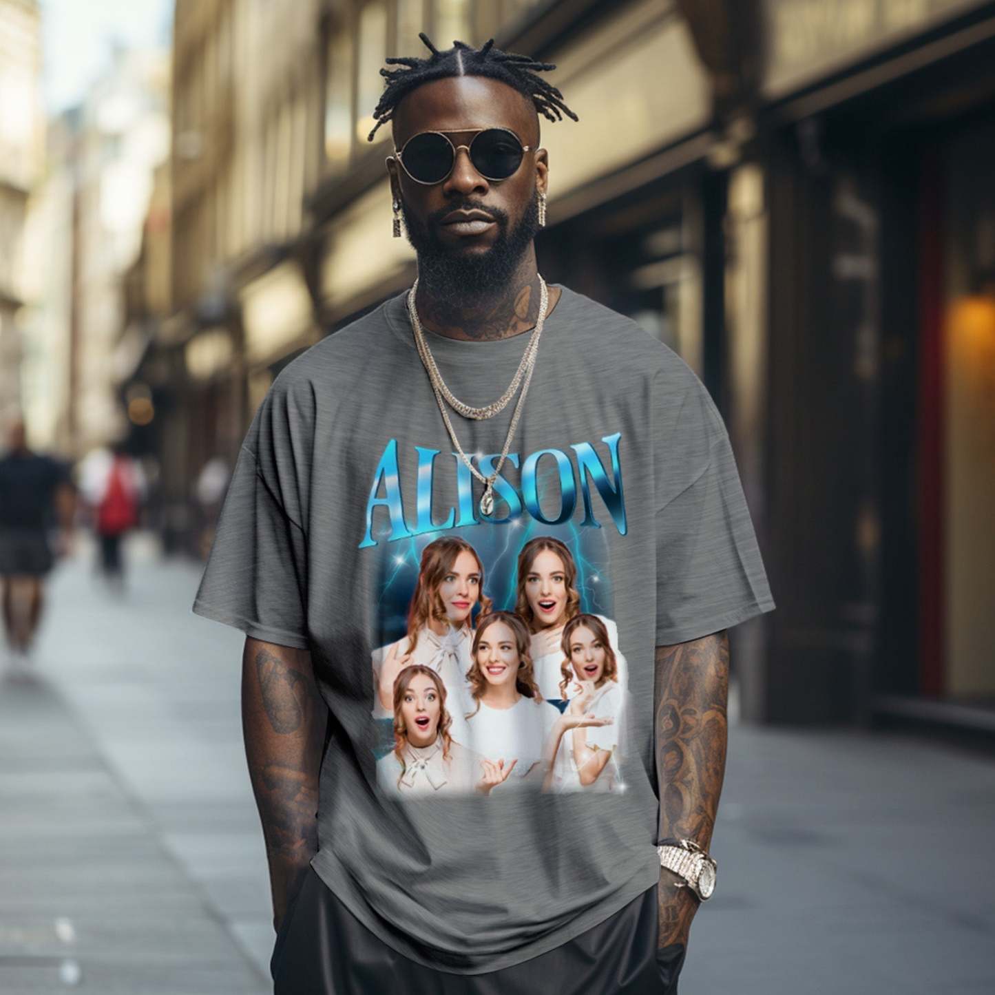 Custom Lightning Retro Photo And Name T-Shirt Special Gift For Couple - MyFaceSocksAu