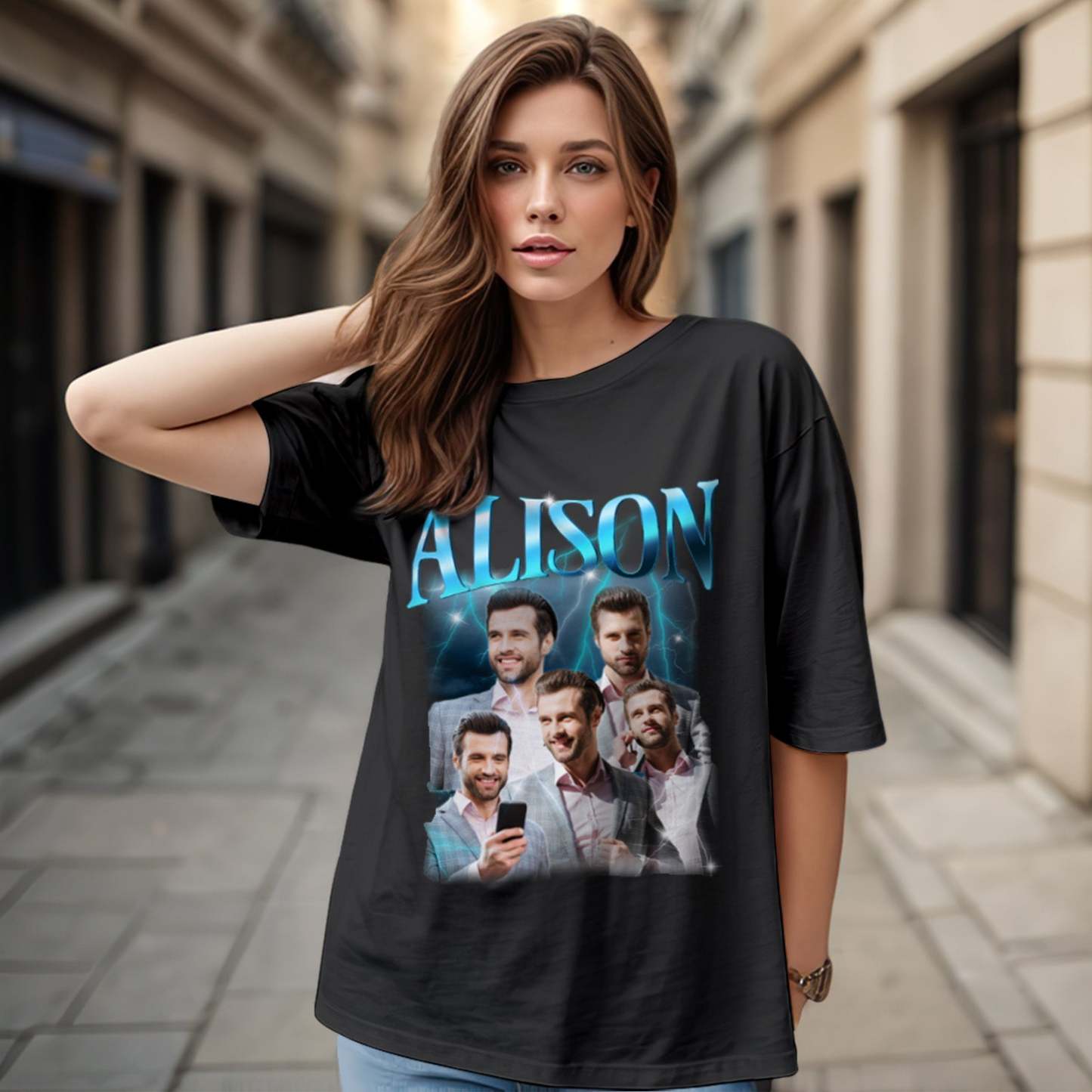 Custom Lightning Retro Photo And Name T-Shirt Special Gift For Couple - MyFaceSocksAu