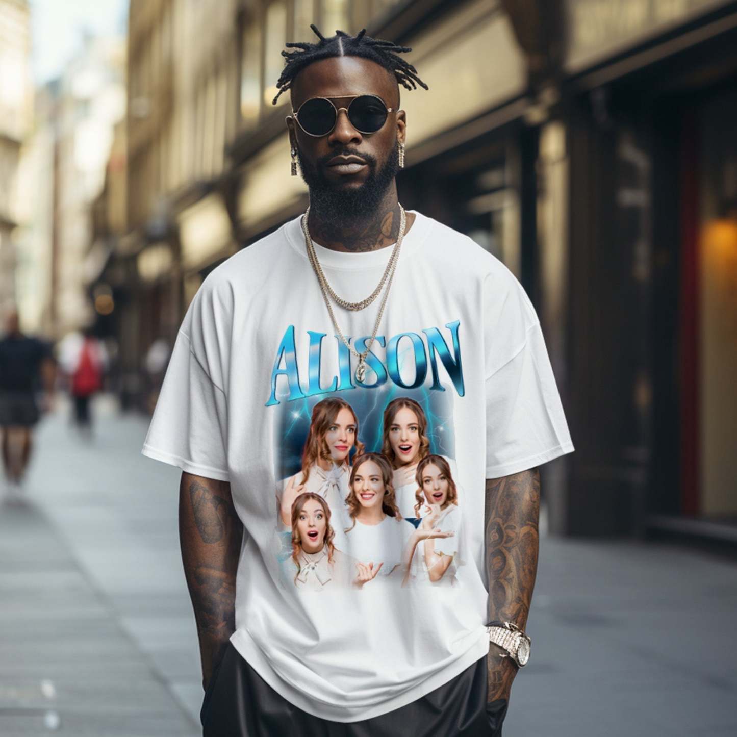 Custom Lightning Retro Photo And Name T-Shirt Special Gift For Couple - MyFaceSocksAu