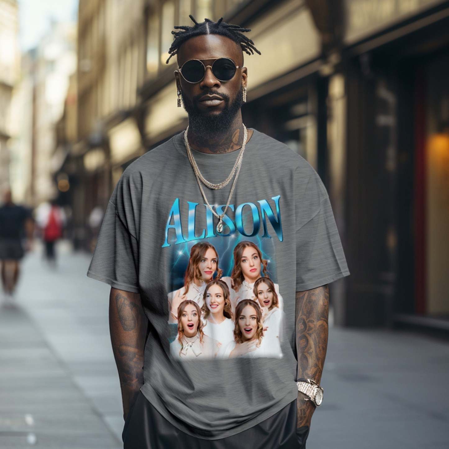 Custom Lightning Retro Photo And Name T-Shirt Special Gift For Couple - MyFaceSocksAu