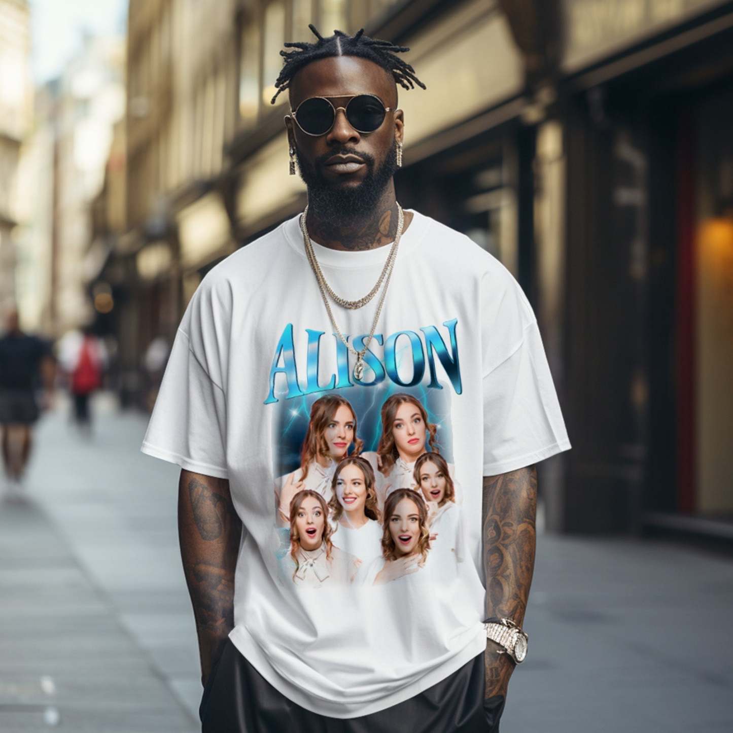 Custom Lightning Retro Photo And Name T-Shirt Special Gift For Couple - MyFaceSocksAu