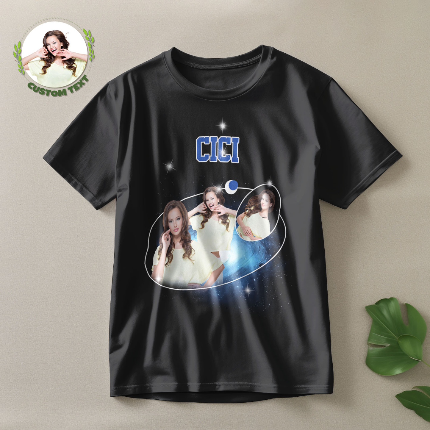 Custom Photo and Name Vintage T-Shirt Cosmic Galaxy and Crescent Moon Vintage T-Shirt Gift for Women - MyFaceSocksAu