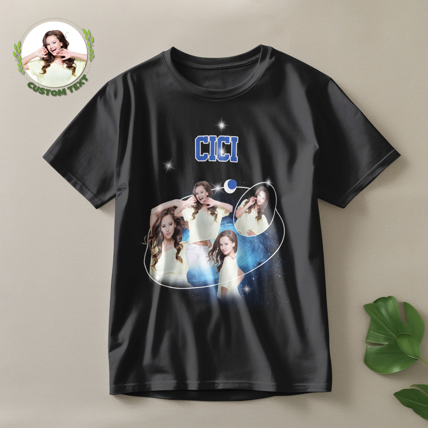 Custom Photo and Name Vintage T-Shirt Cosmic Galaxy and Crescent Moon Vintage T-Shirt Gift for Women - MyFaceSocksAu