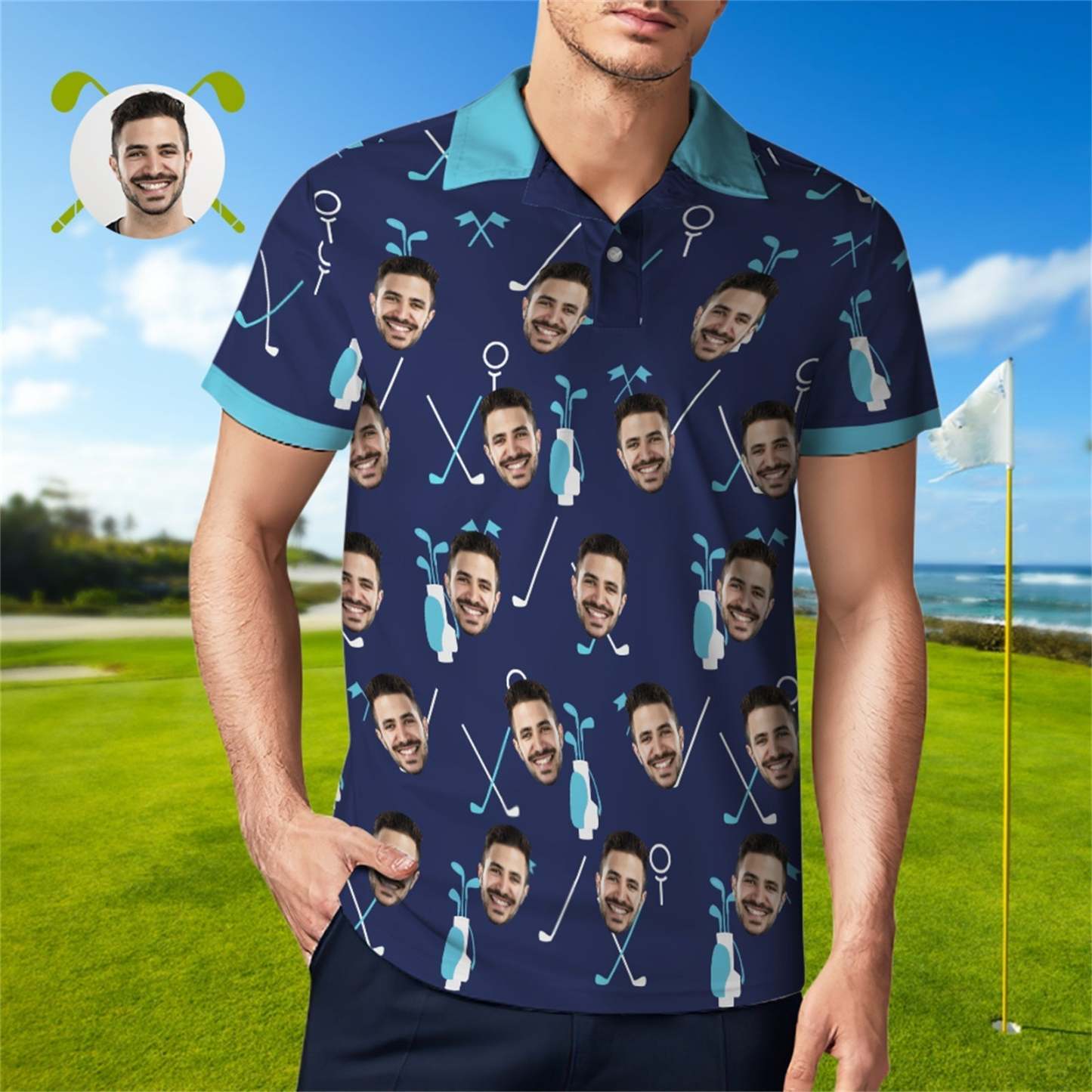 Custom Face Blue Polo Shirt For Men Personalized Golf Shirts - MyFaceSocksAu