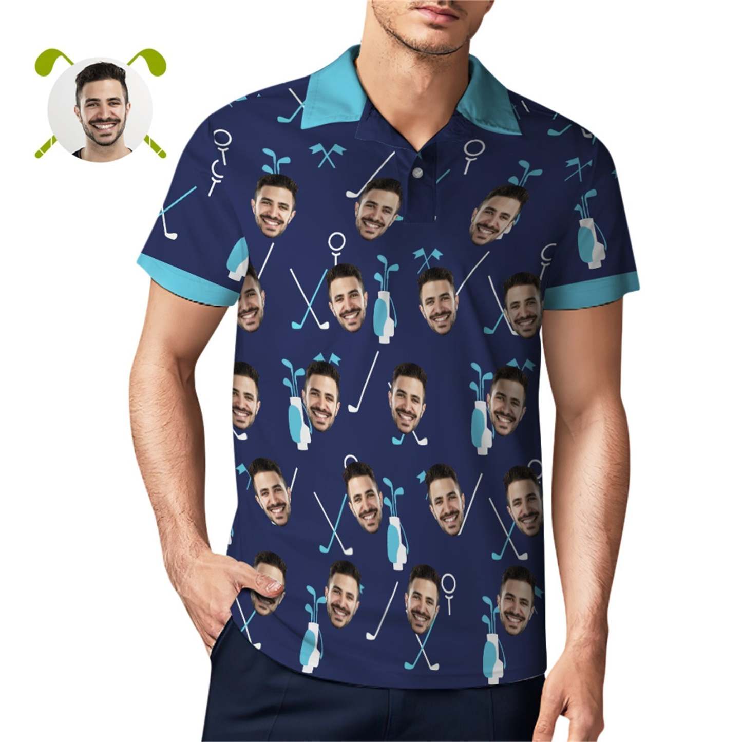 Custom Face Blue Polo Shirt For Men Personalized Golf Shirts - MyFaceSocksAu