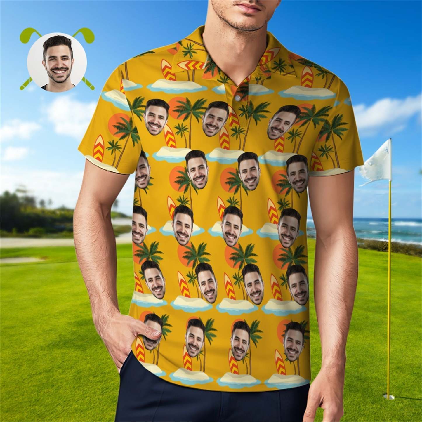 Custom Face Polo Shirt For Men Coconut Tree Beach Shirt Hawaiian Golf Shirts - MyFaceSocksAu