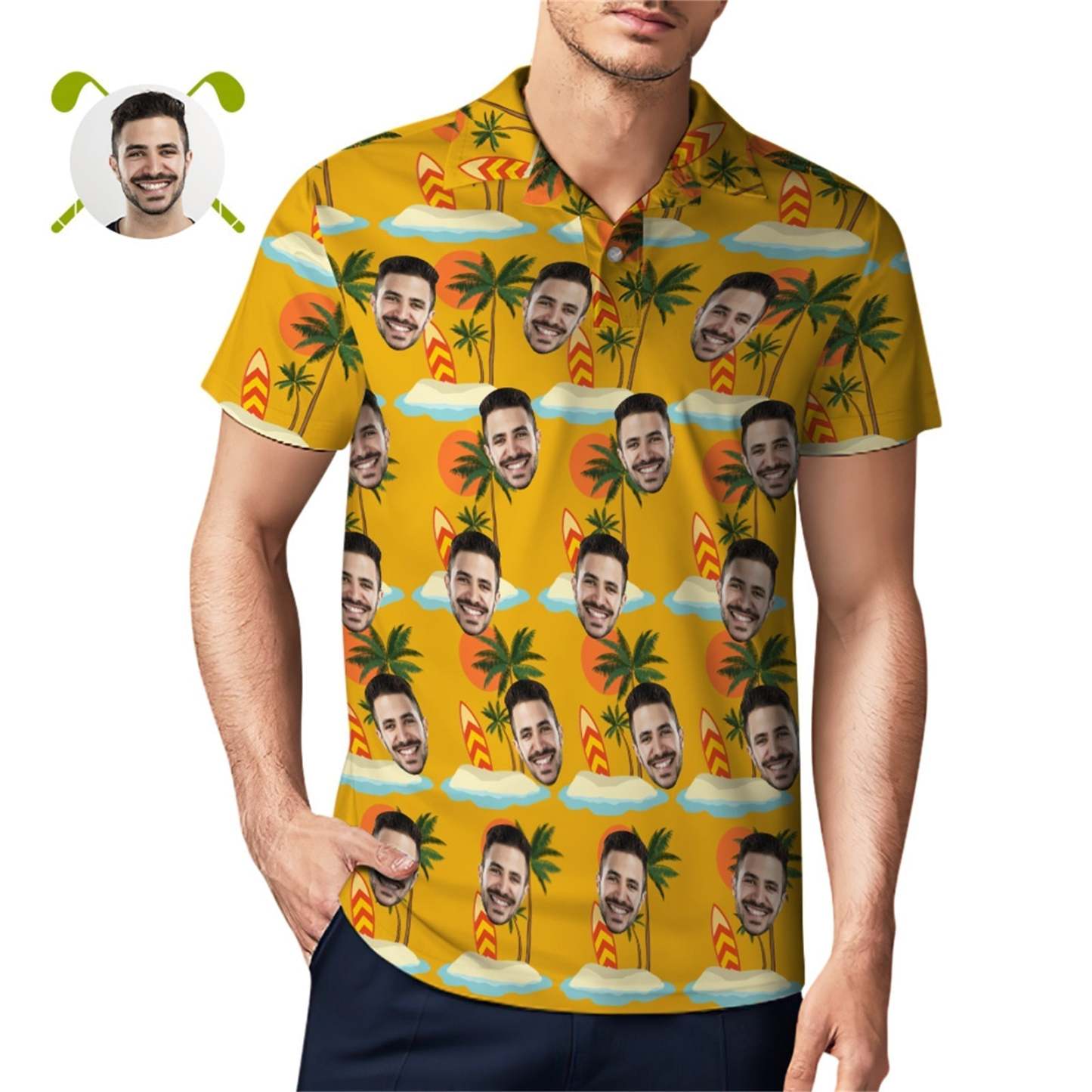 Custom Face Polo Shirt For Men Coconut Tree Beach Shirt Hawaiian Golf Shirts - MyFaceSocksAu