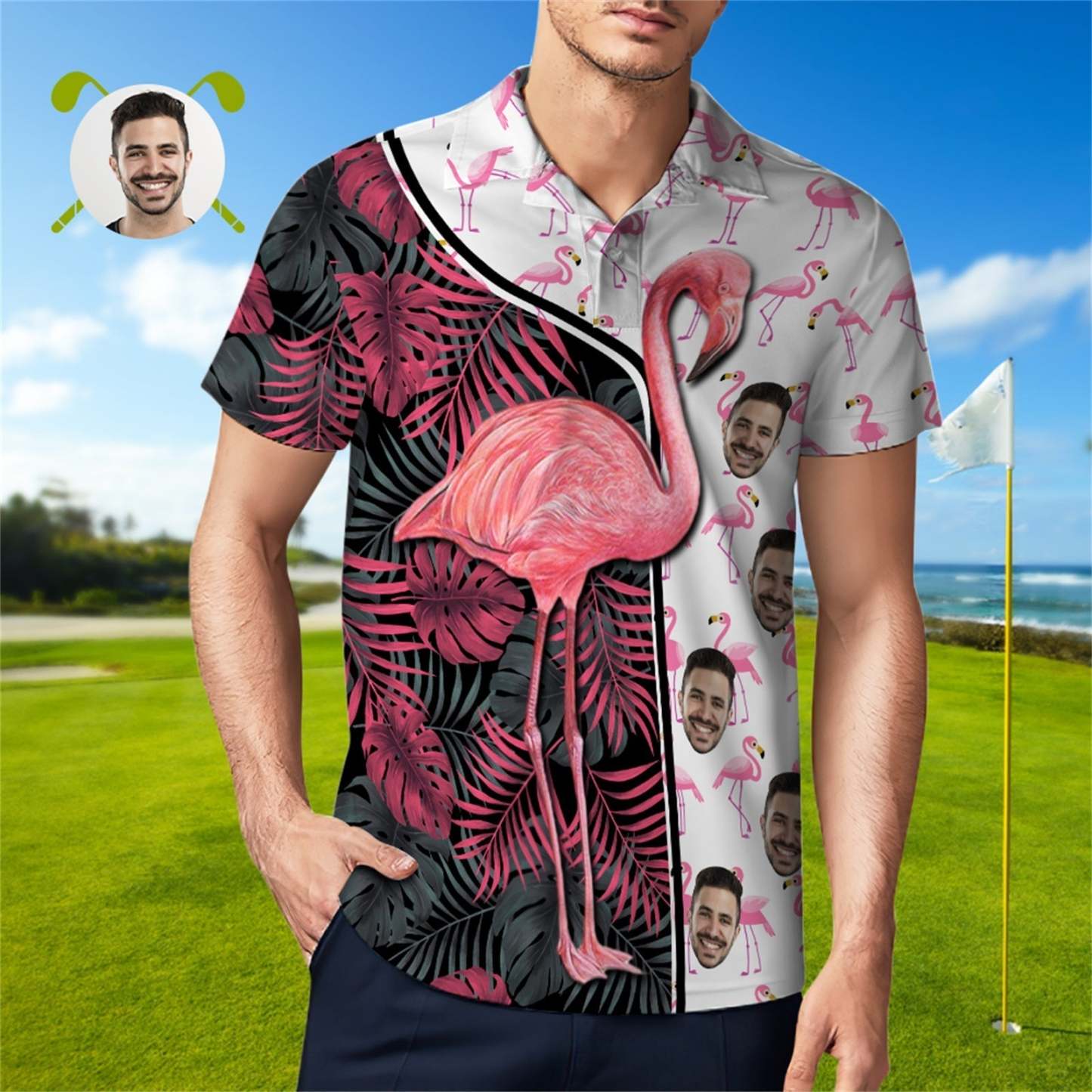 Custom Face Polo Shirt For Men Funny Flamingo Hawaiian Golf Shirts - MyFaceSocksAu