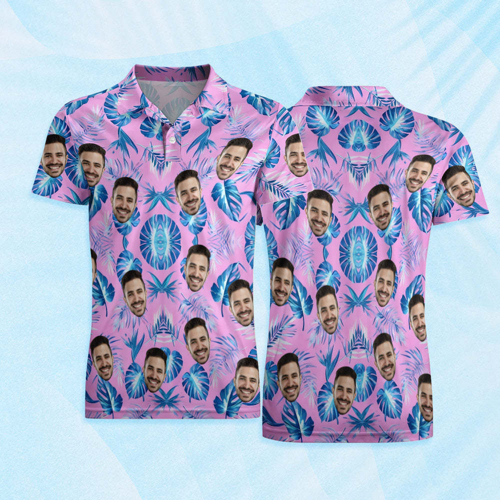 Custom Face Polo Shirt Pink Polo Shirt Blue Palm Leaf Polo Shirt Gift For Him - MyFaceSocksAU